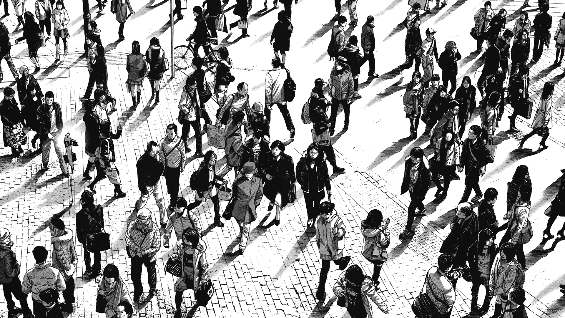 People walking in a monochrome urban street scene from Oyasumi Punpun manga HD Wallpaper
