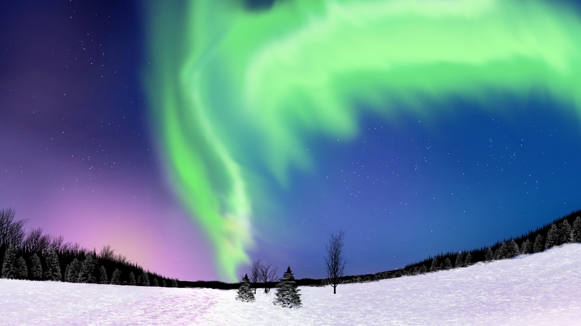 Aurora Borealis over a snowy landscape HD Wallpaper