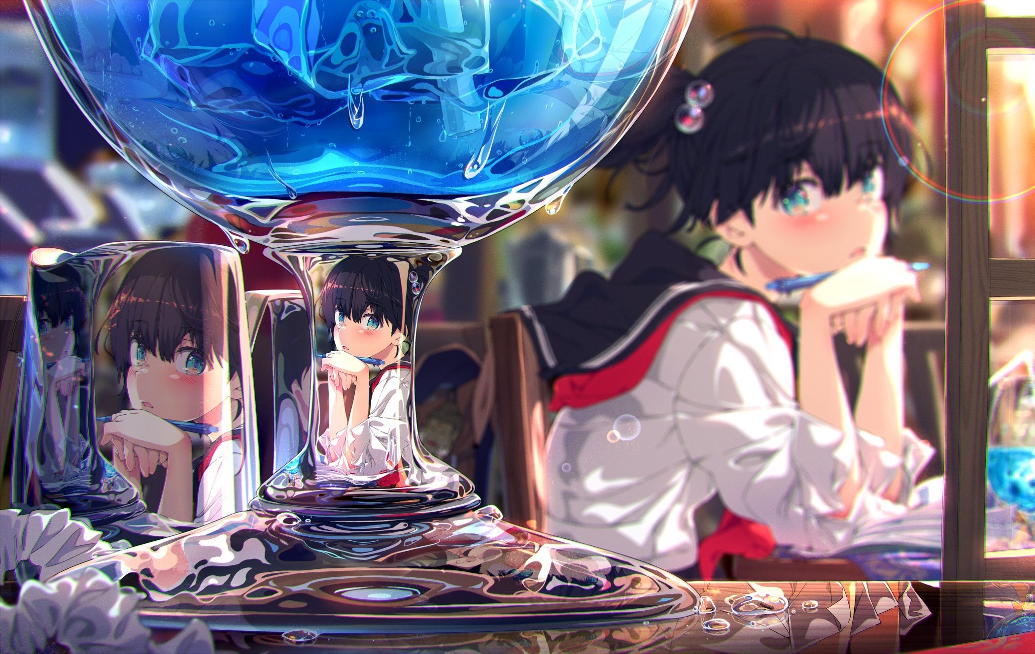 Schoolgirl in a glass with blue liquid HD Wallpaper