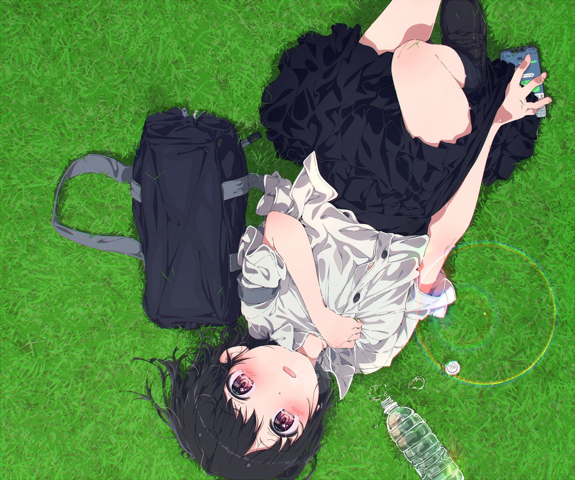 Girl in black skirt and white shirt on grass with phone HD Wallpaper