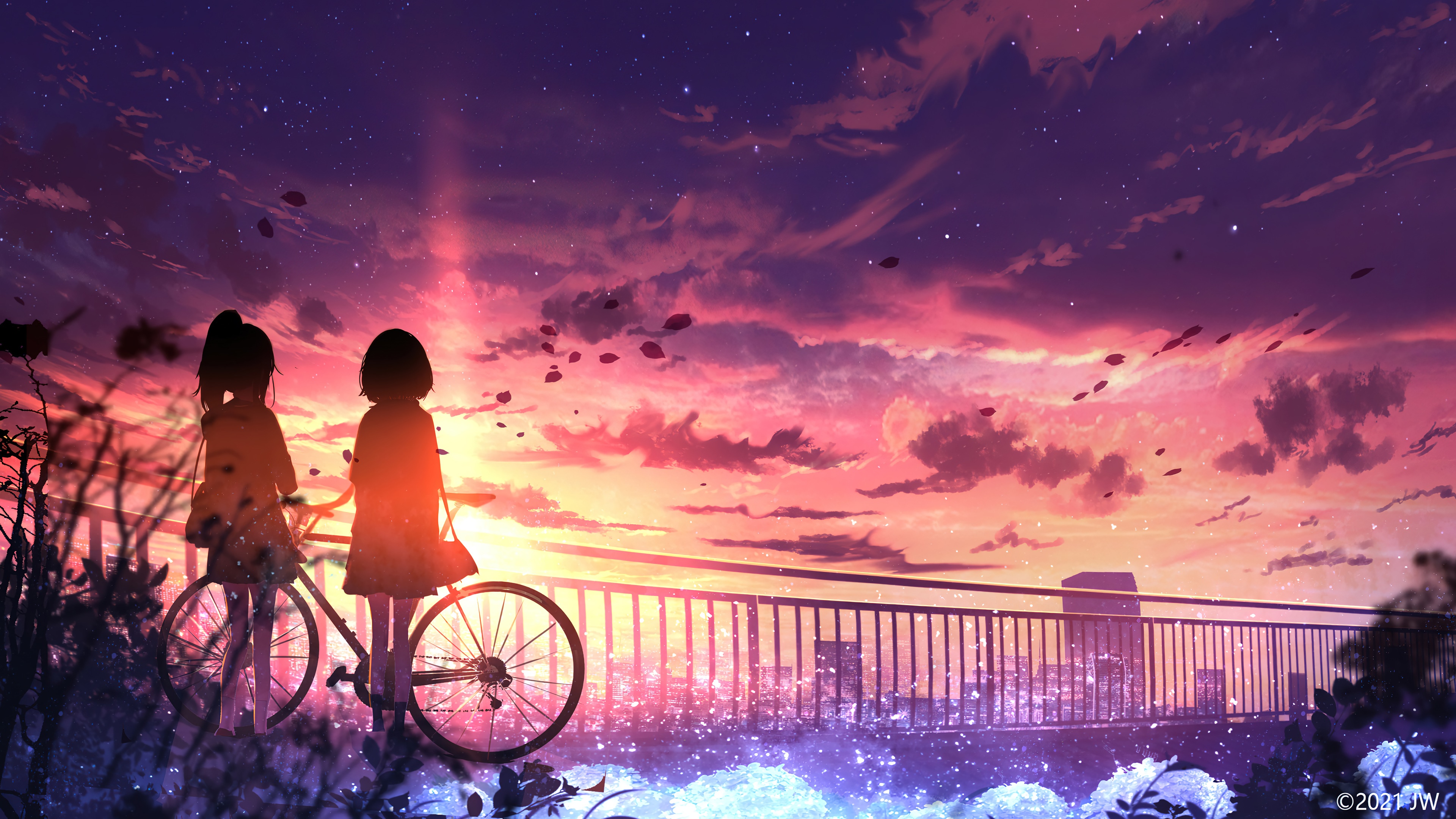 Anime sky sunset with two women and a bicycle HD Wallpaper