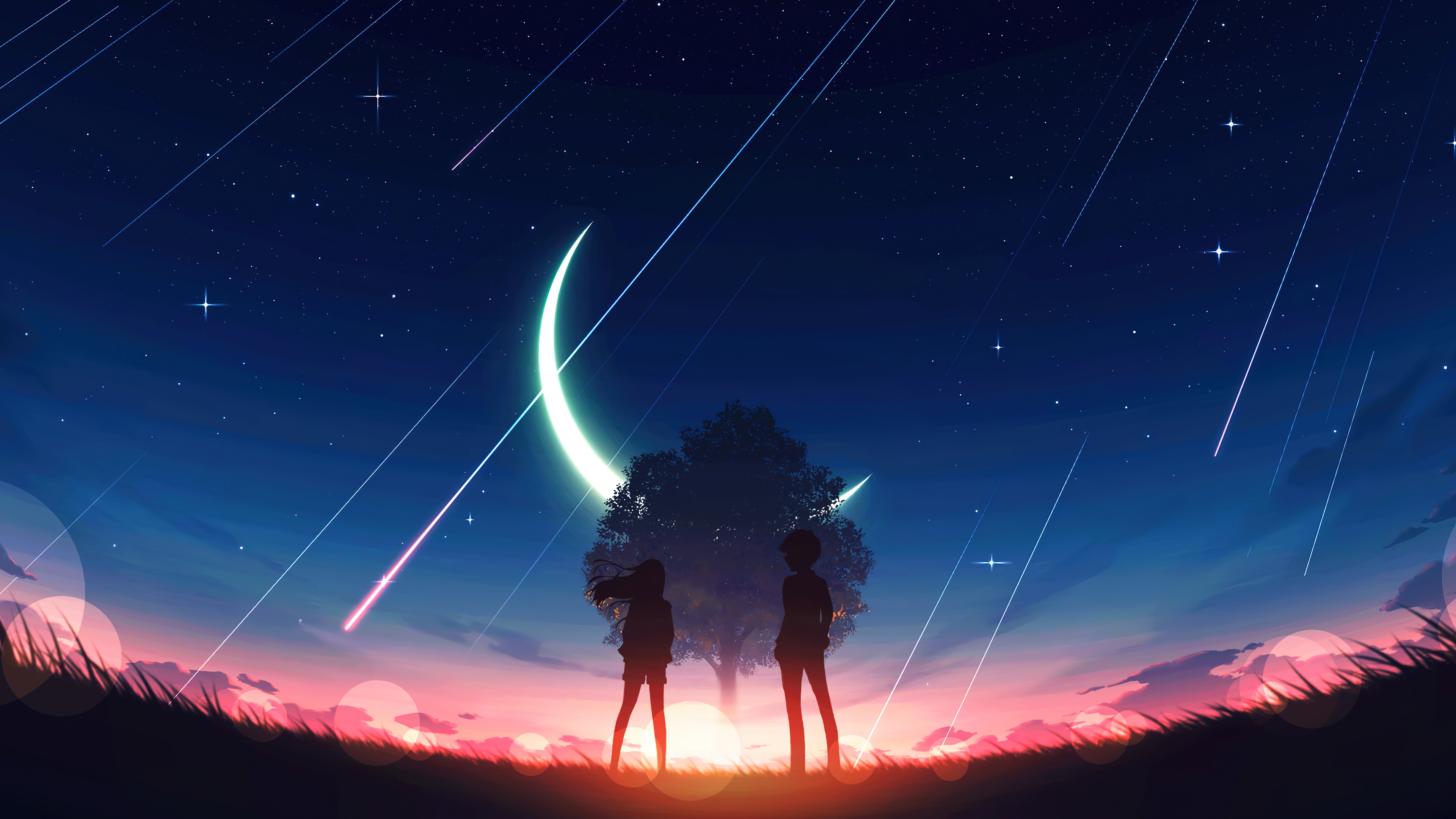4K Starry Night Sunset with Two Silhouettes HD Wallpaper