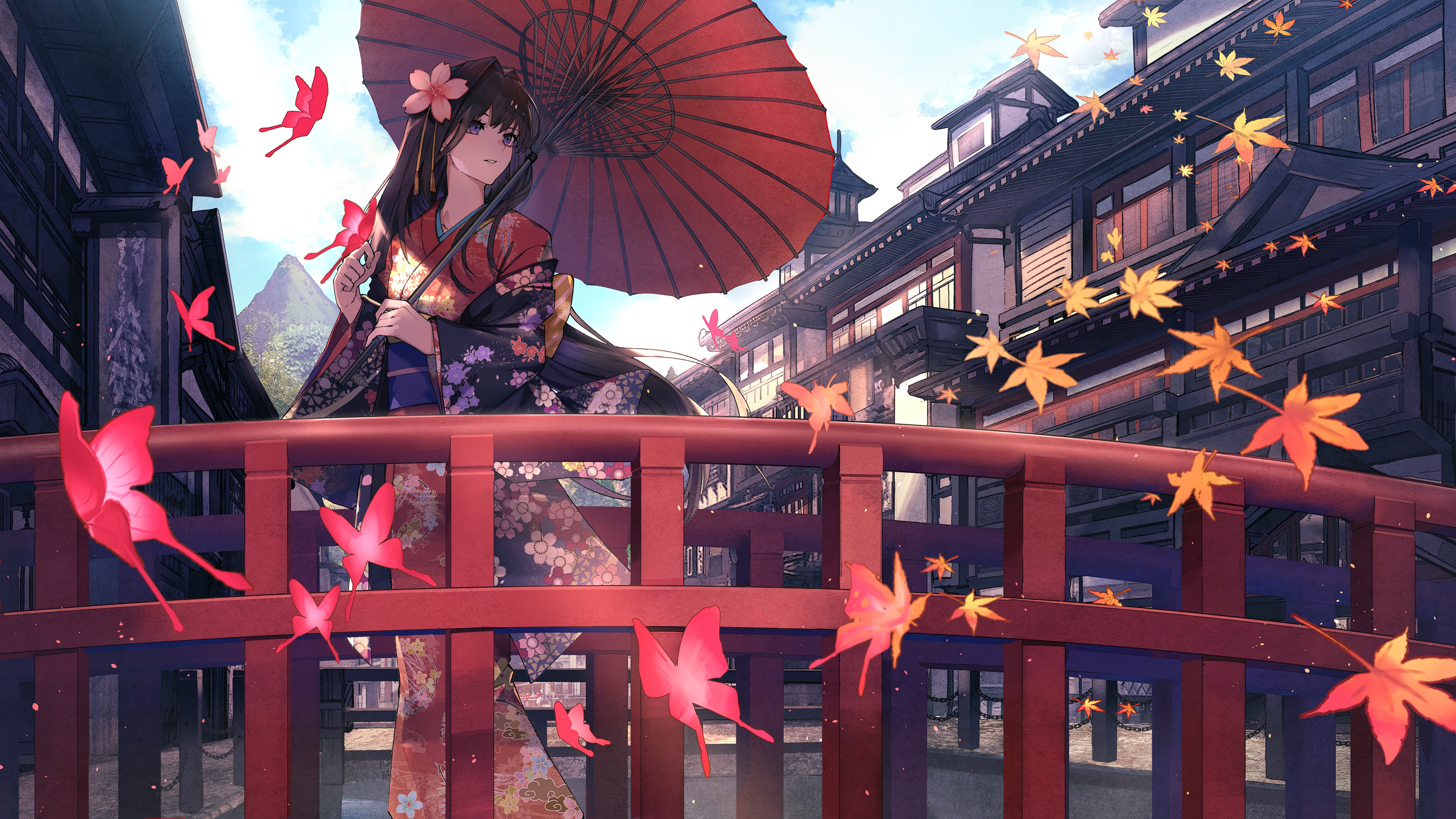 Girl in Kimono with Umbrella and Butterflies HD Wallpaper