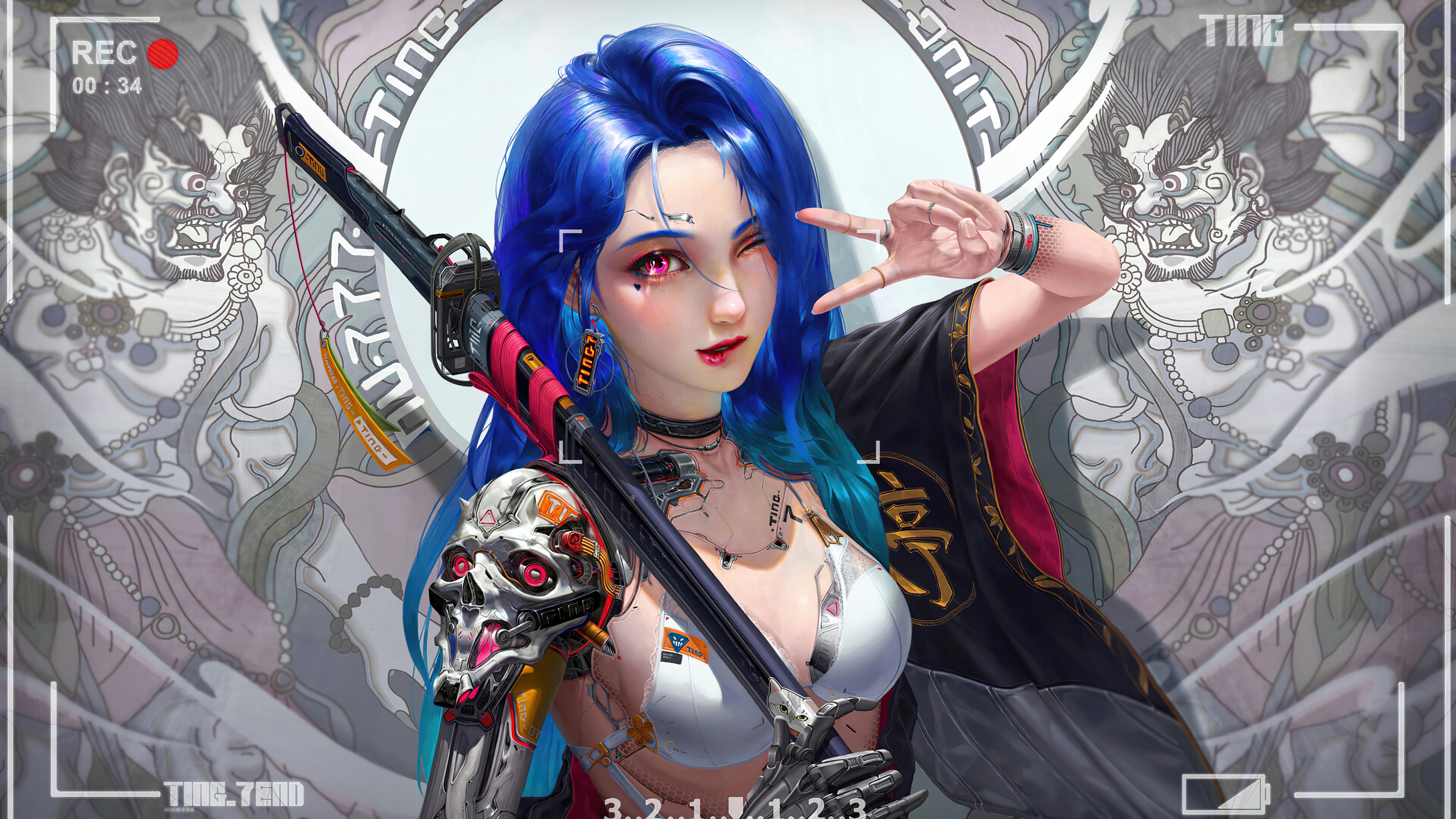 Cyberpunk girl with blue hair and sword HD Wallpaper