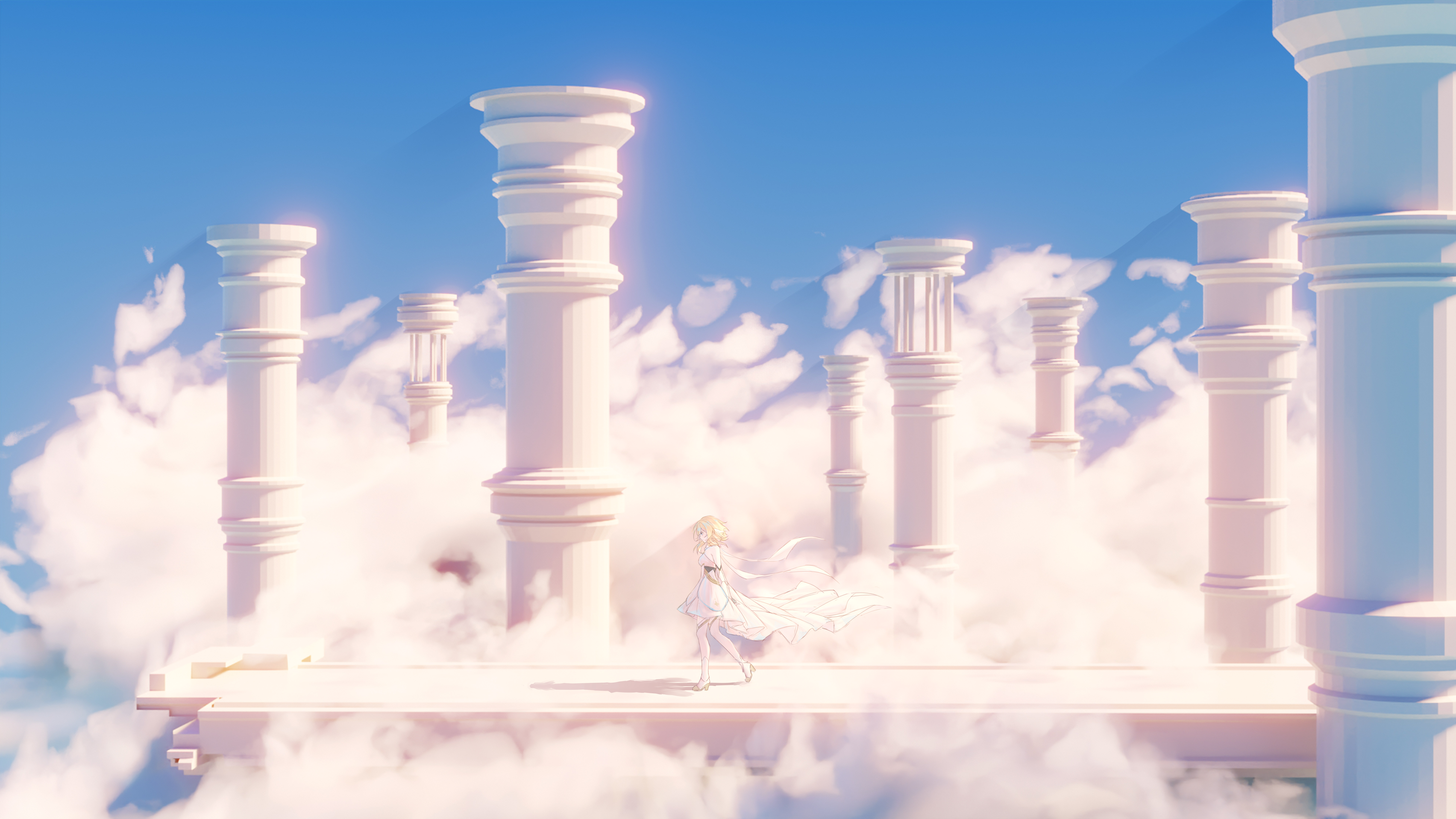 Lumine (Genshin Impact) among clouds and pillars HD Wallpaper