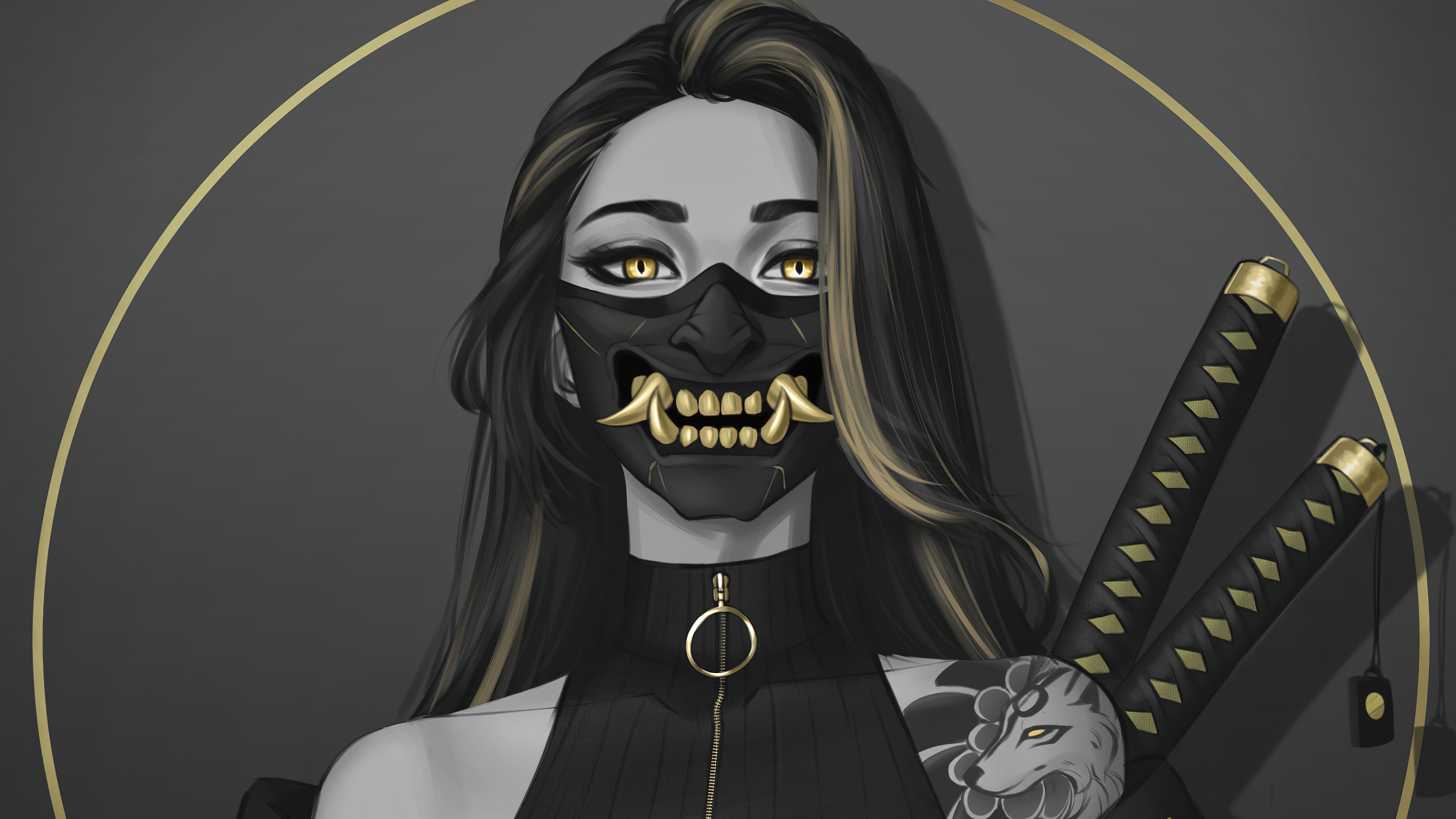 4K Oni Mask Woman with Katanas and Tattoo HD Wallpaper