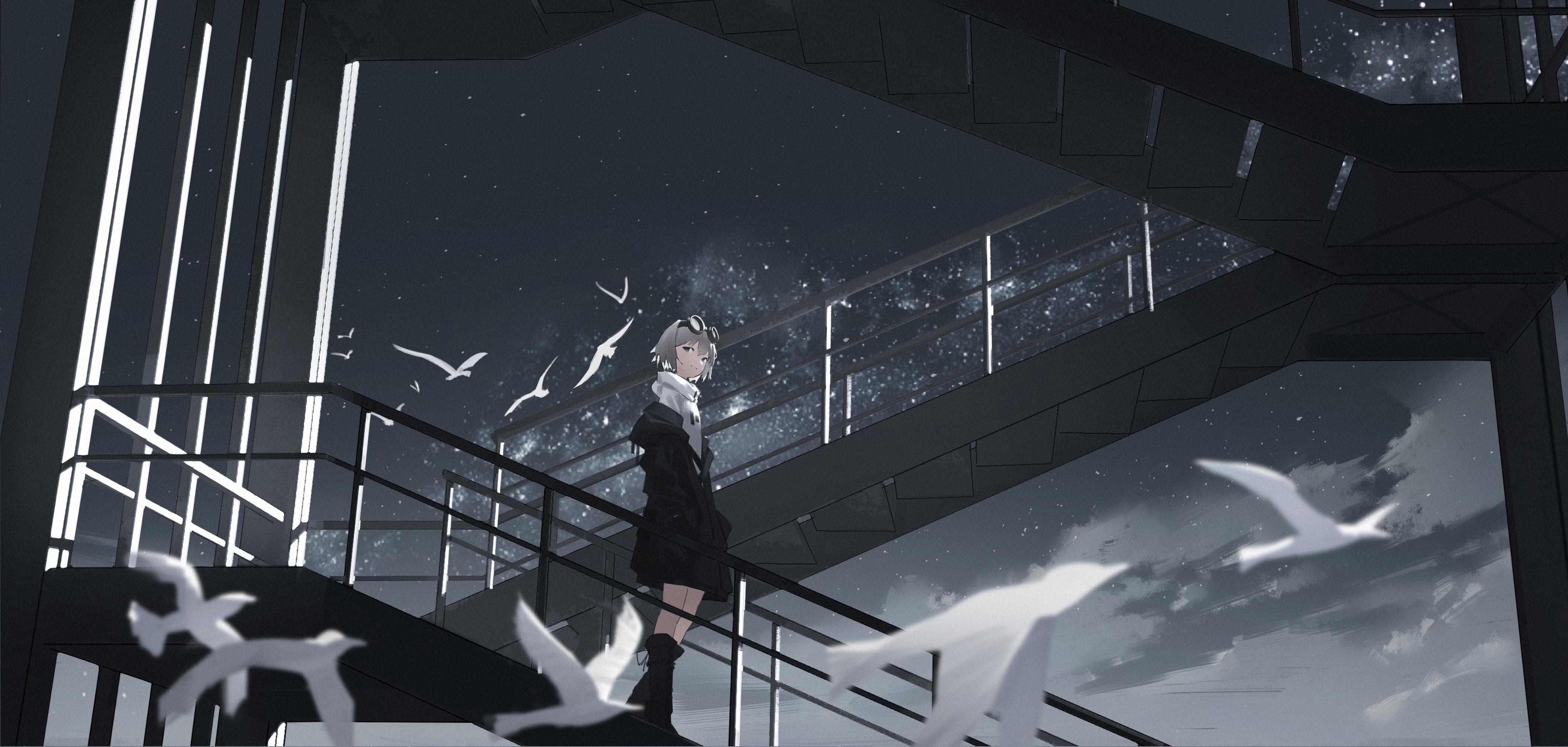 Anime girl on stairs with flying birds at night HD Wallpaper