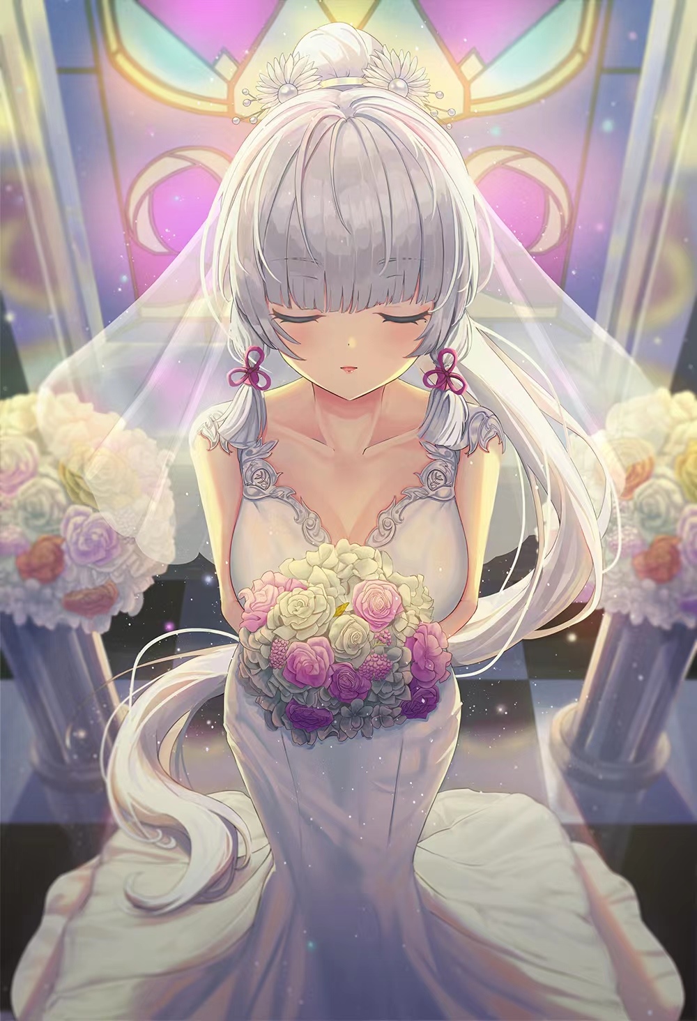 Kamisato Ayaka in a wedding dress holding flowers HD Phone Wallpaper