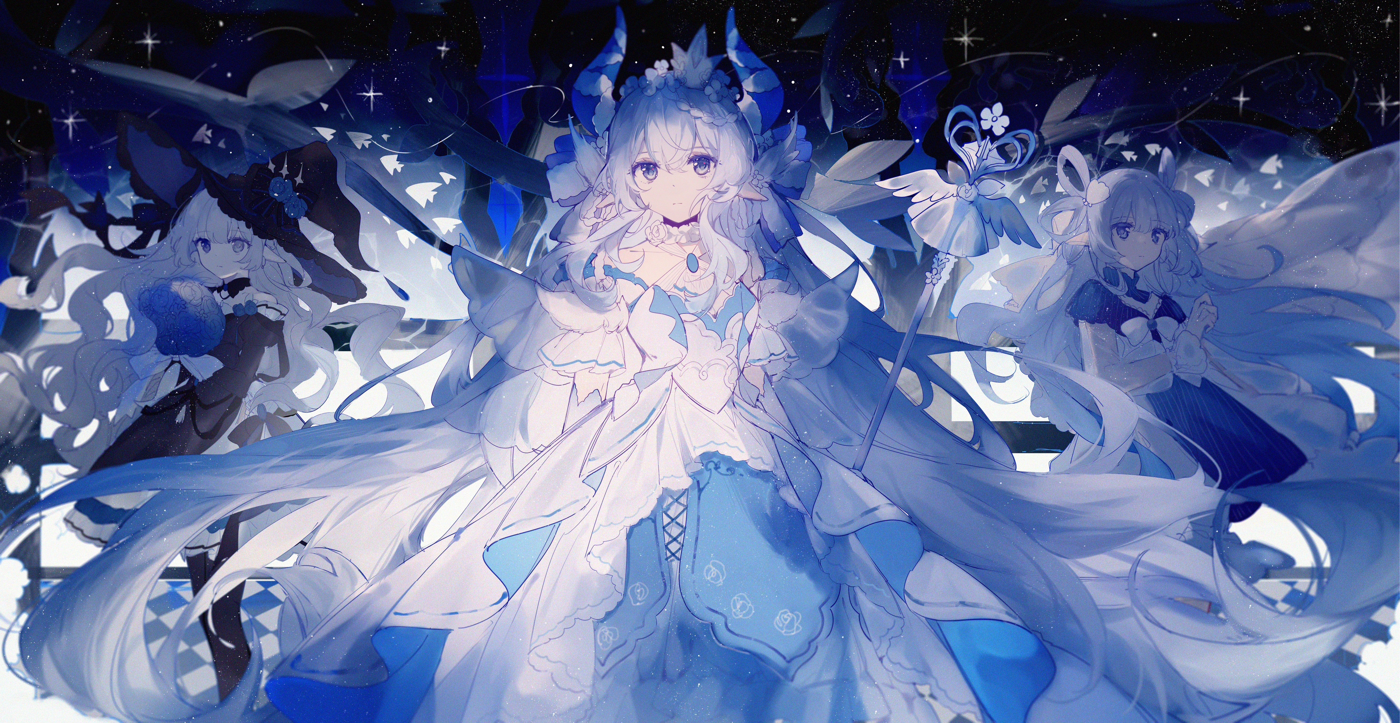 Three anime girls with horns and pointy ears HD Wallpaper