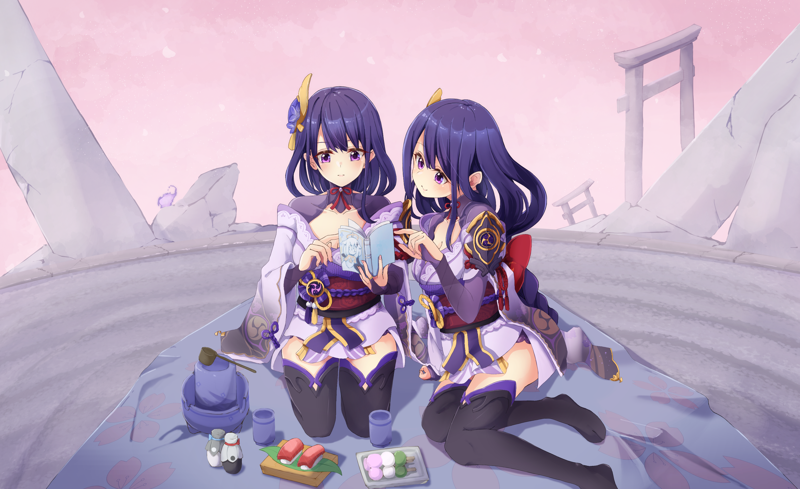 Genshin Impact: Raiden Makoto and Raiden Shogun having a picnic HD Wallpaper