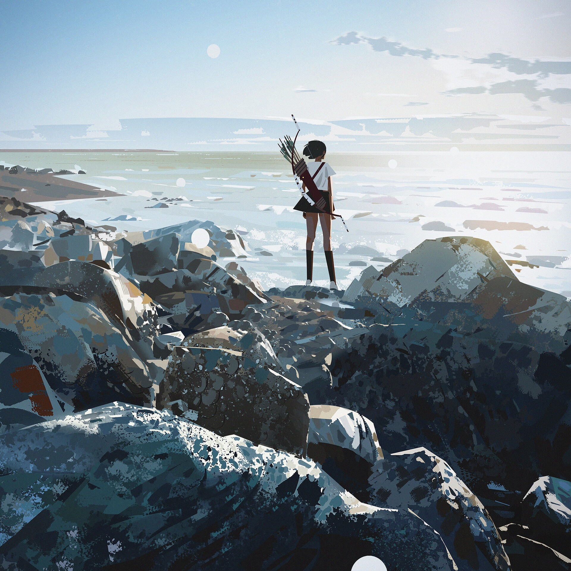 Woman with bow and arrows on rocky coast HD Wallpaper
