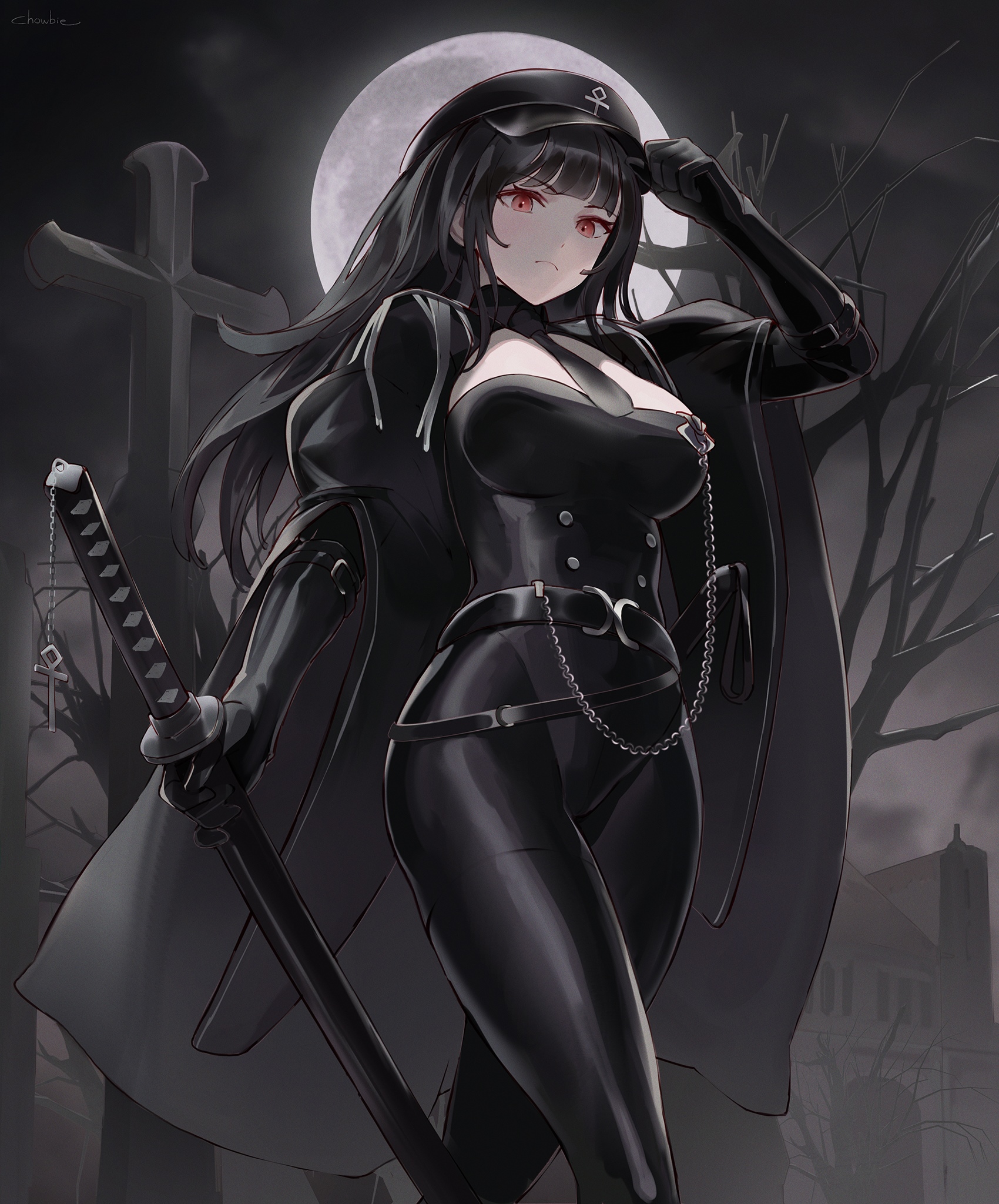 Anime girl with katana and red eyes under the moon HD Phone Wallpaper