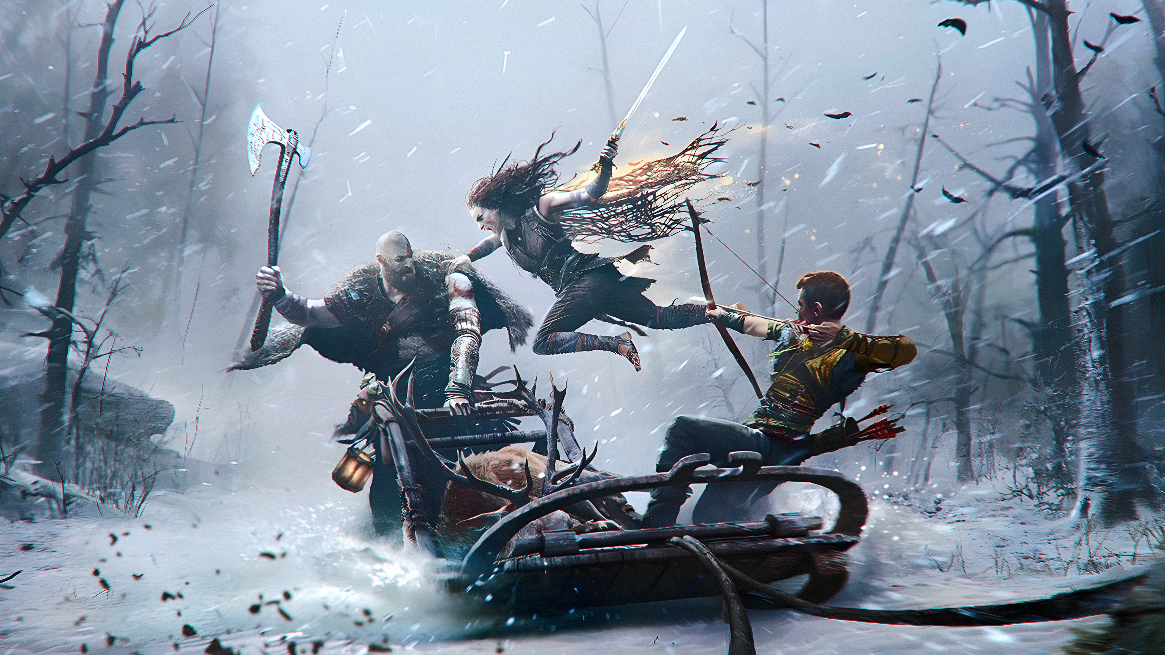 God of War Ragnarök: Kratos, Freya, and Atreus in Sled HD Wallpaper