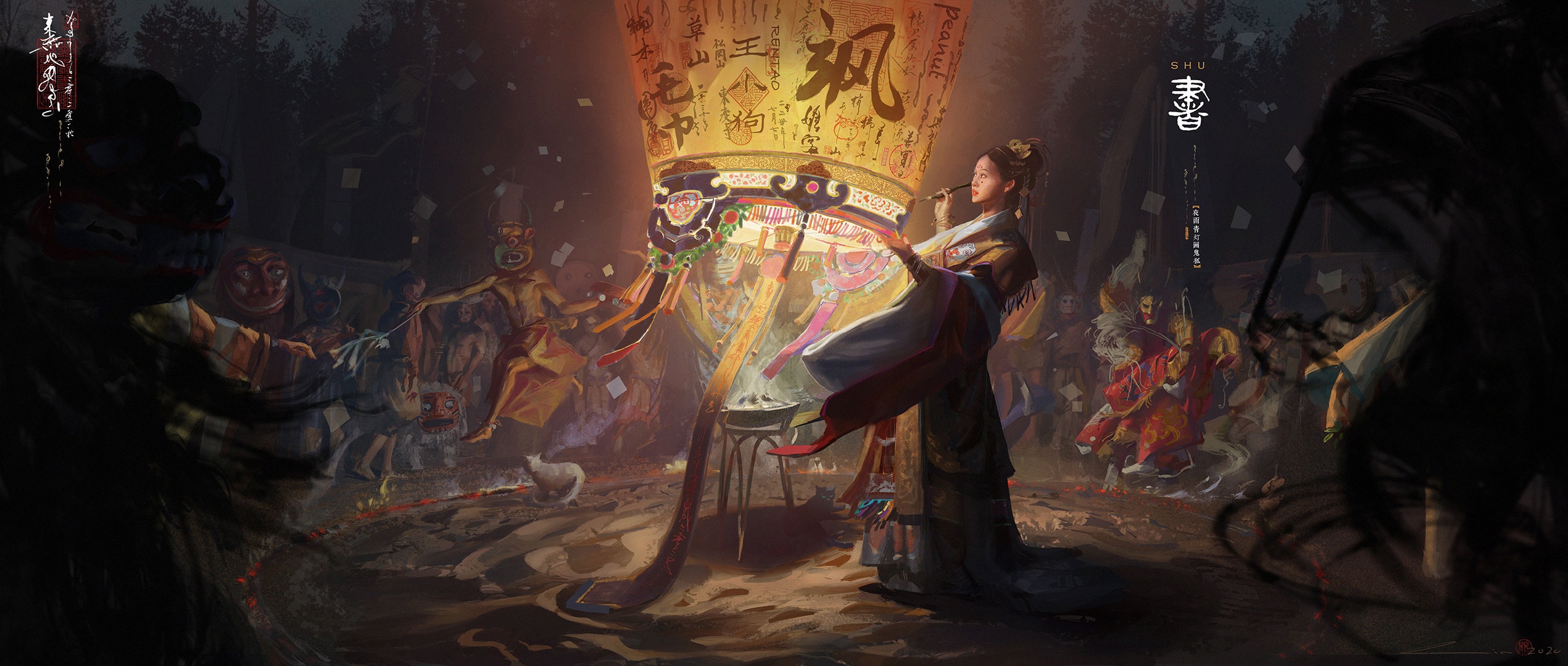 Fantasy girl painting a large lantern with people in costumes HD Wallpaper