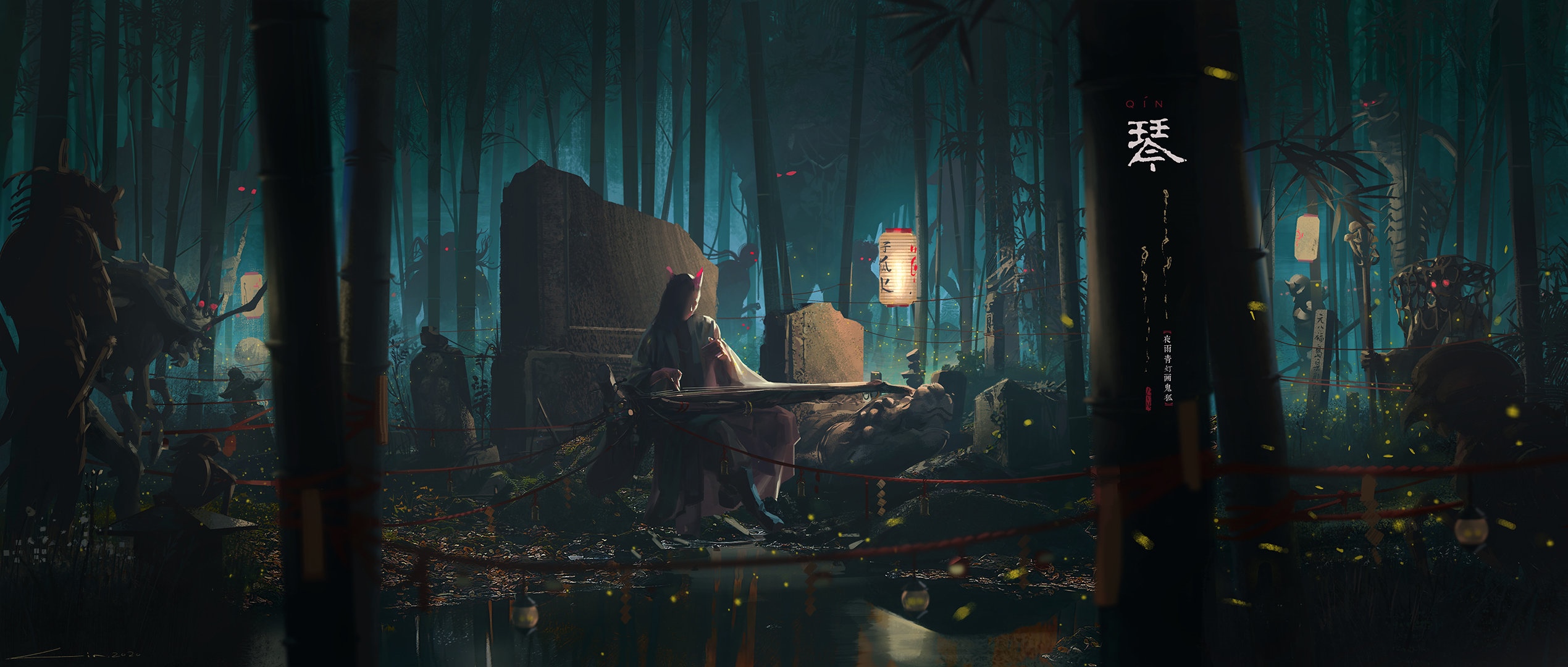 Fantasy art of a woman playing guzheng in a forest HD Wallpaper