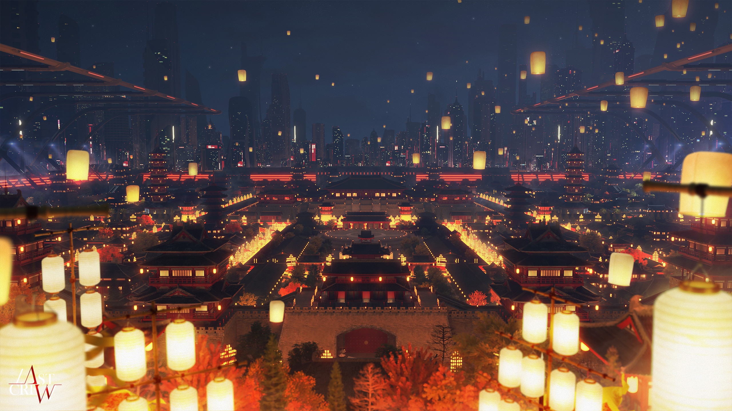 Night city with traditional buildings and lanterns HD Wallpaper