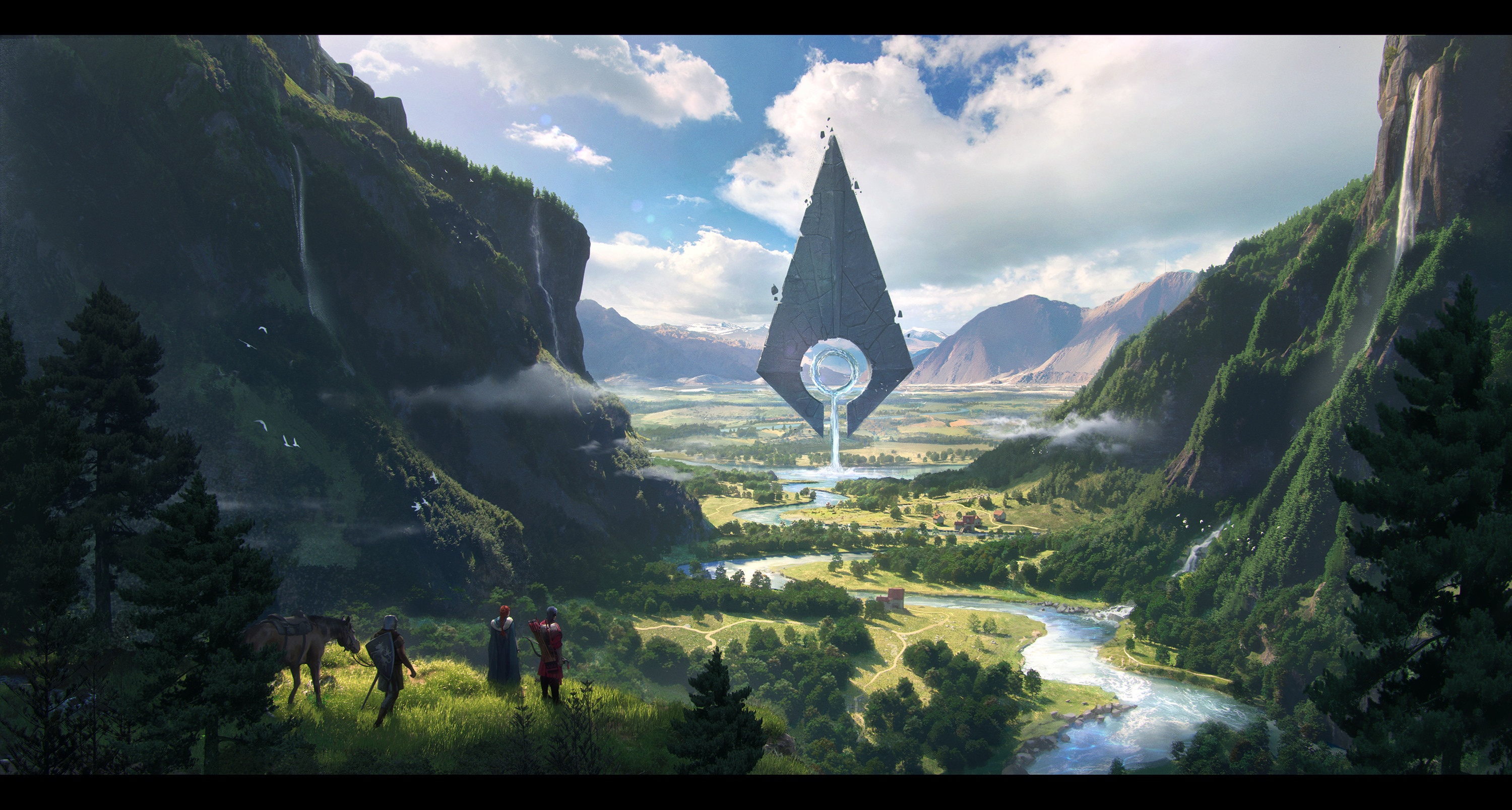 Futuristic Monolith in a Mountain Valley Landscape HD Wallpaper