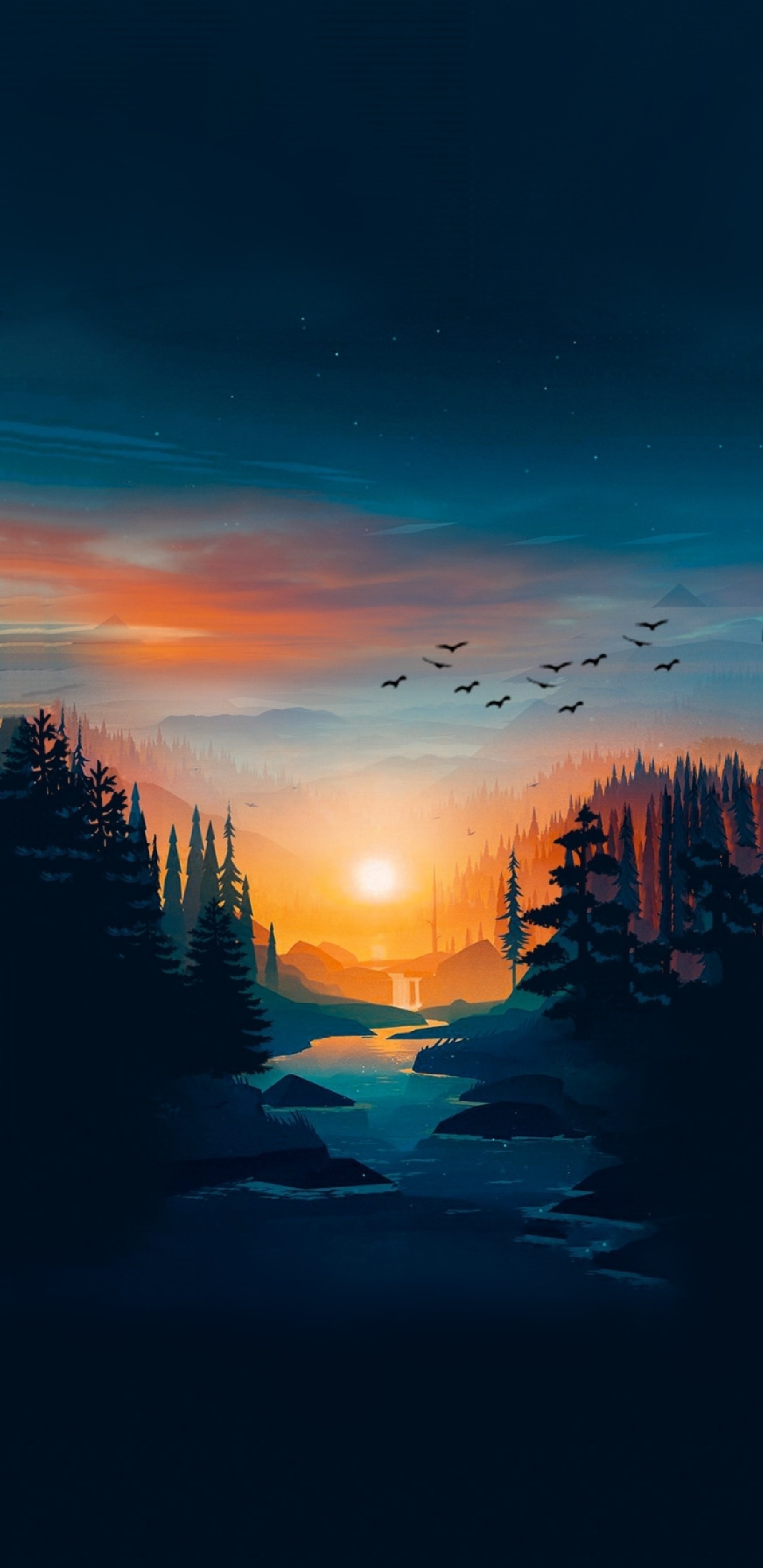 Sunset over a forest river with birds flying HD Phone Wallpaper