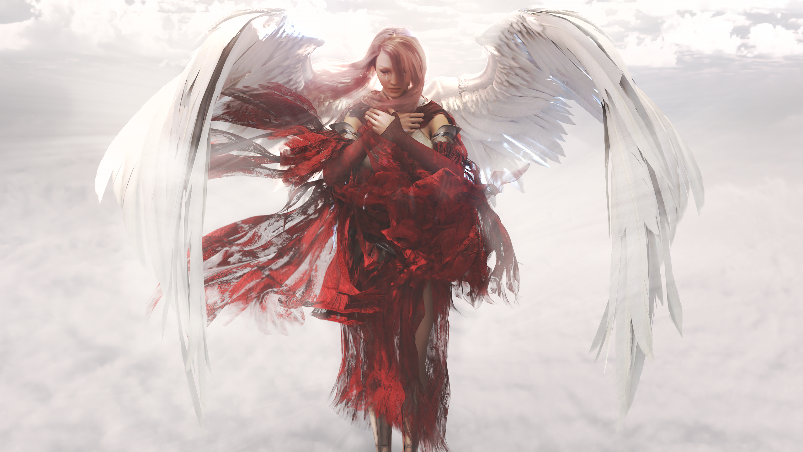 Angel with pink hair and red clothing in clouds HD Wallpaper