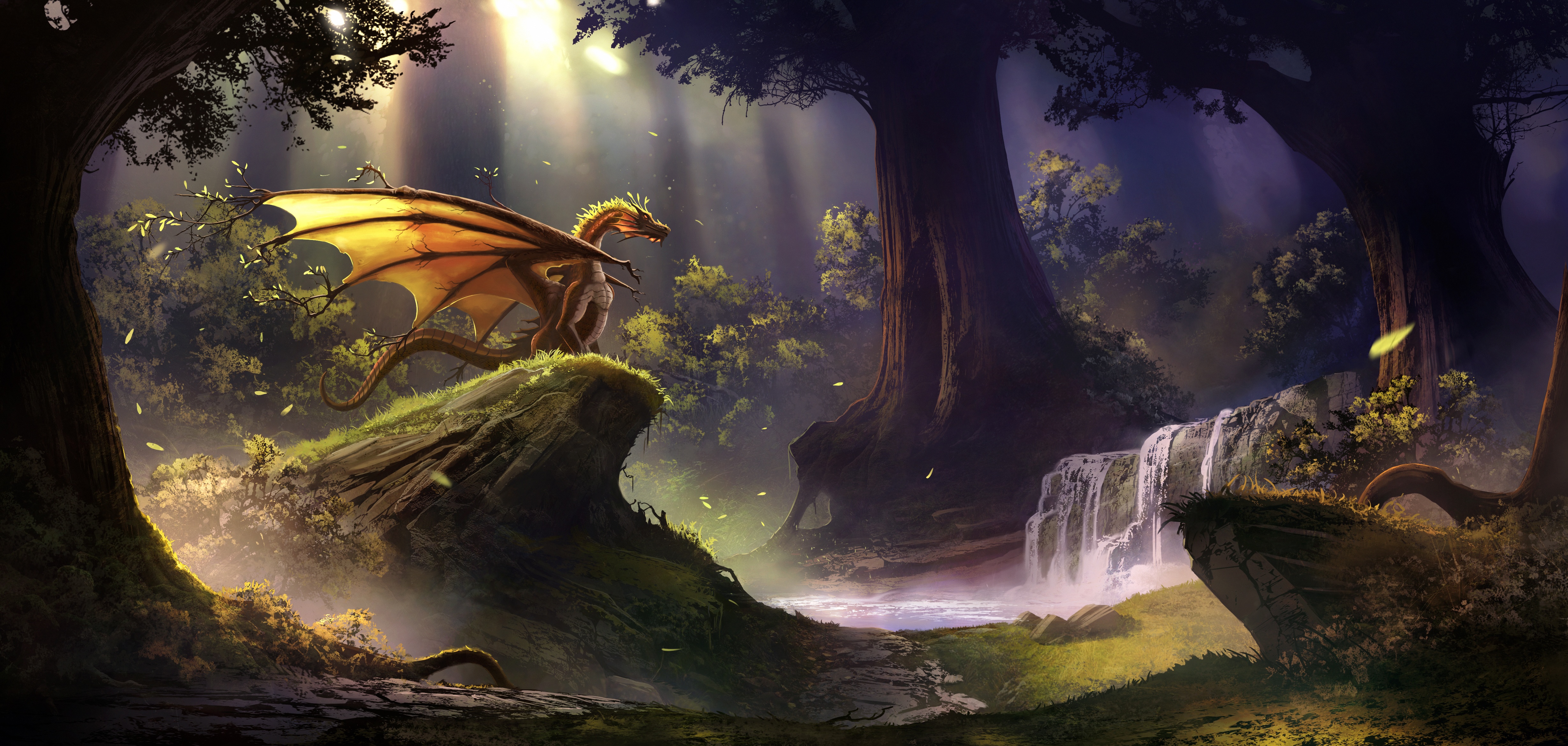4K fantasy art of a dragon in a forest HD Wallpaper