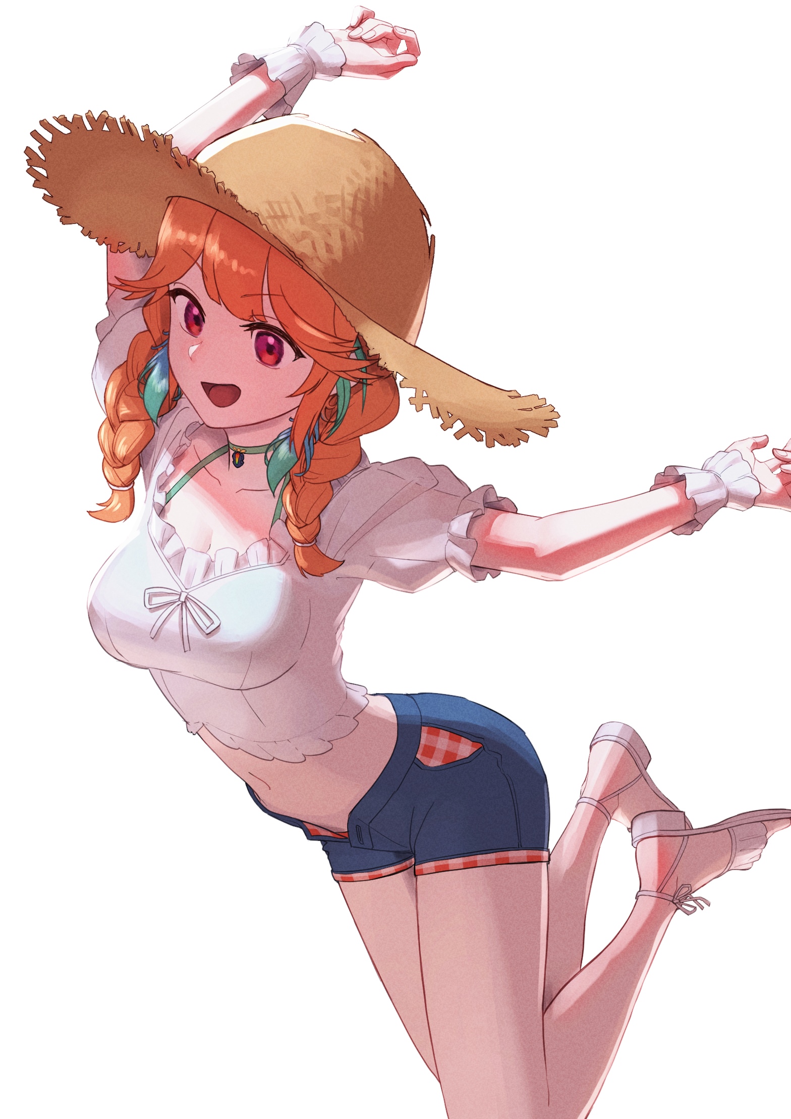Takanashi Kiara in a straw hat and shorts HD Phone Wallpaper