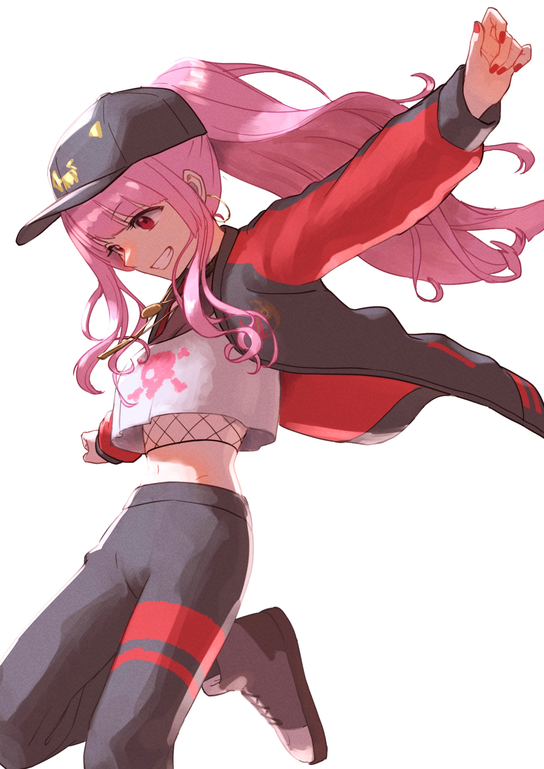 Mori Calliope in a red and black jacket and cap HD Phone Wallpaper