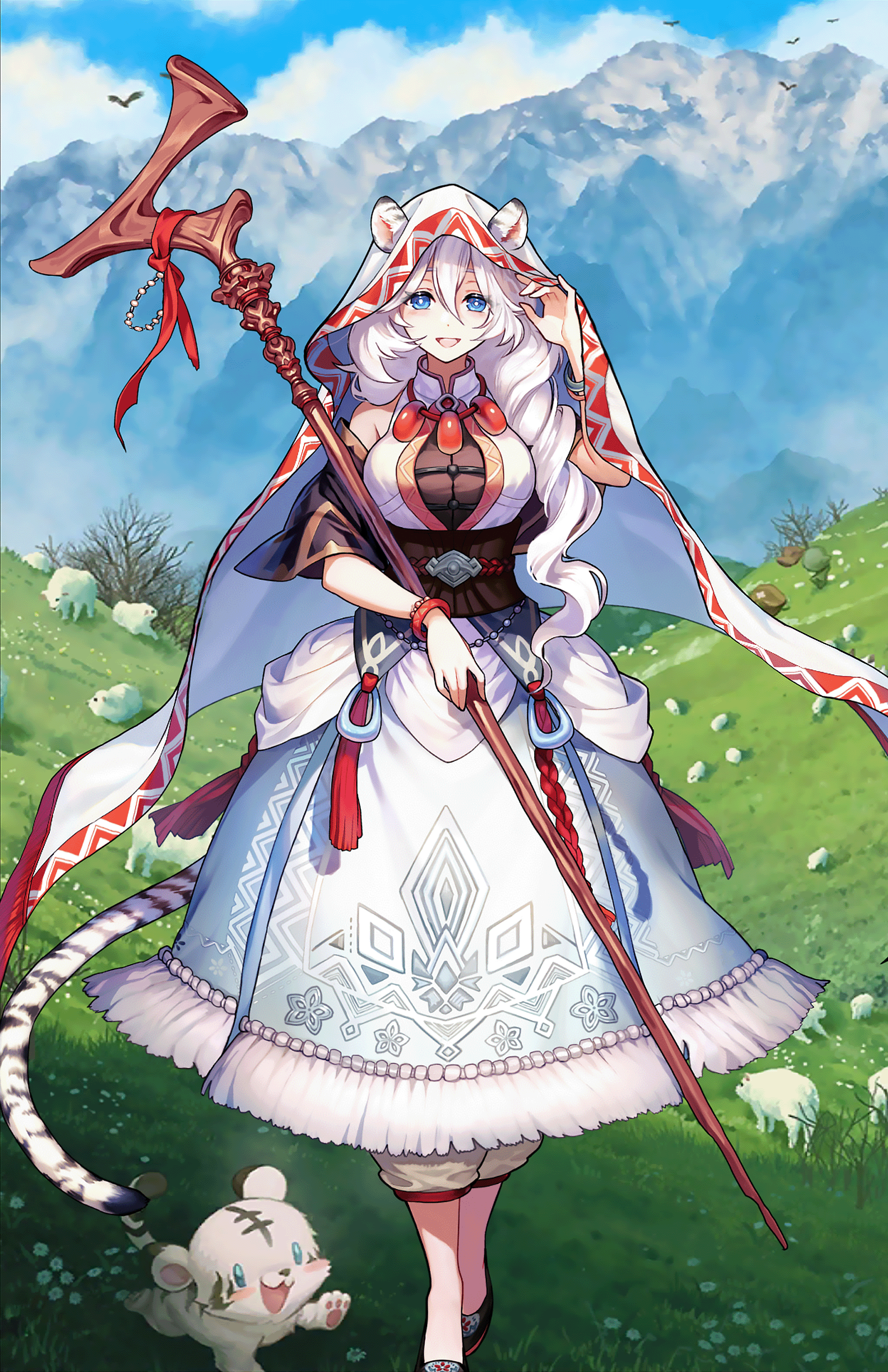 Guardian Tales Kanna with a staff in a mountain landscape HD Phone Wallpaper