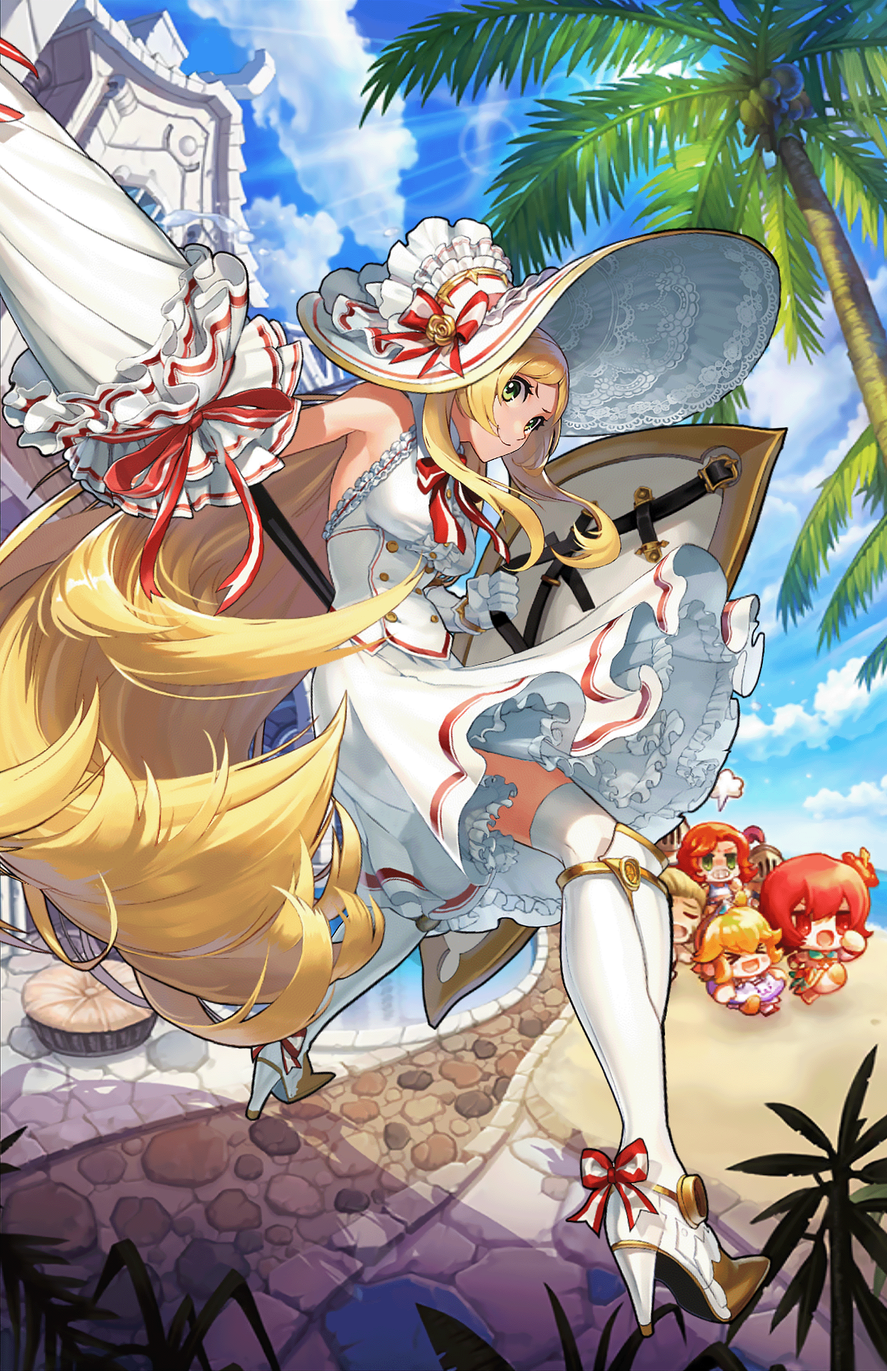Lapice from Guardian Tales on a beach with palm trees HD Phone Wallpaper