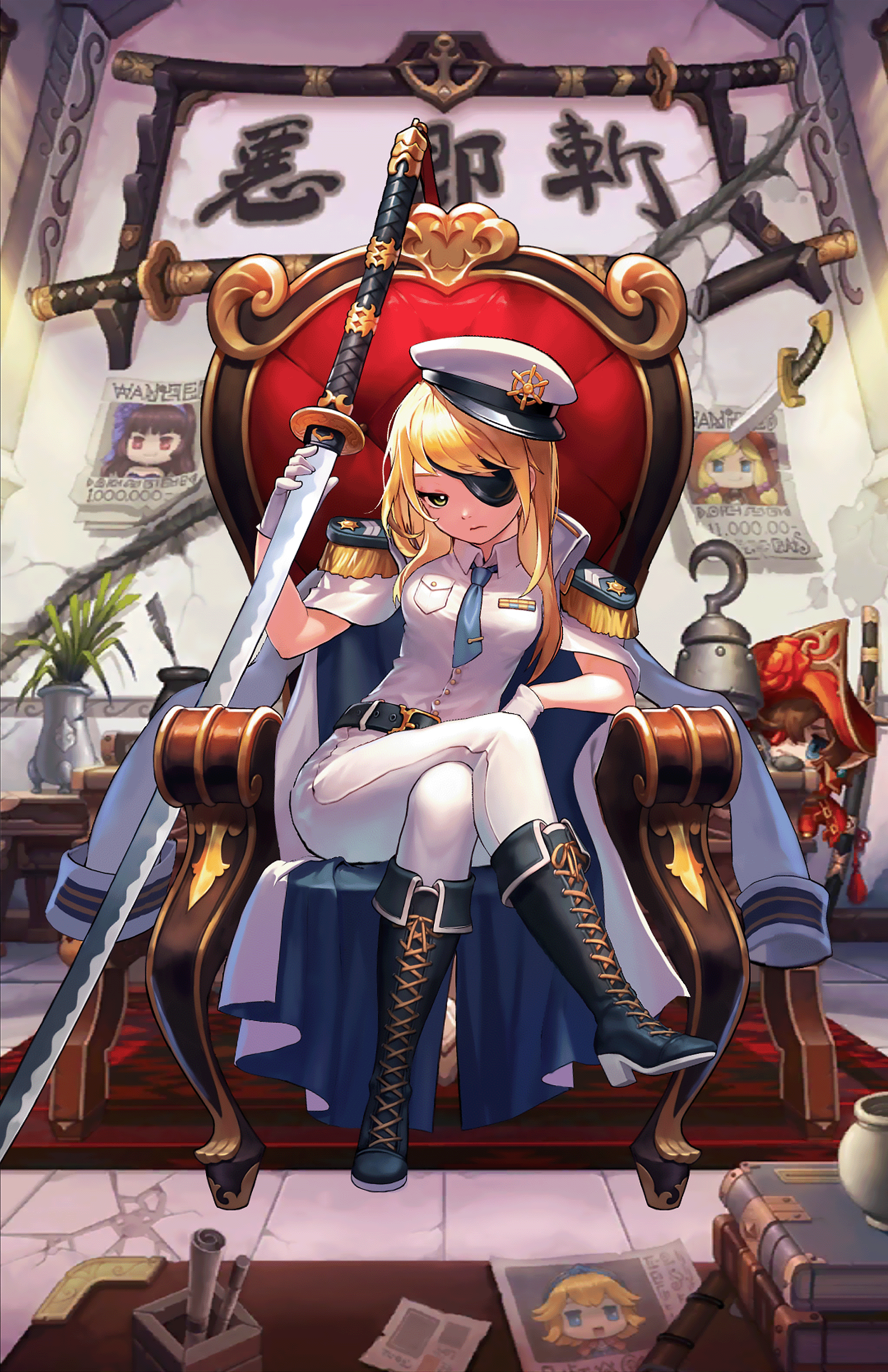Marina from Guardian Tales sitting on a throne with a sword HD Phone Wallpaper