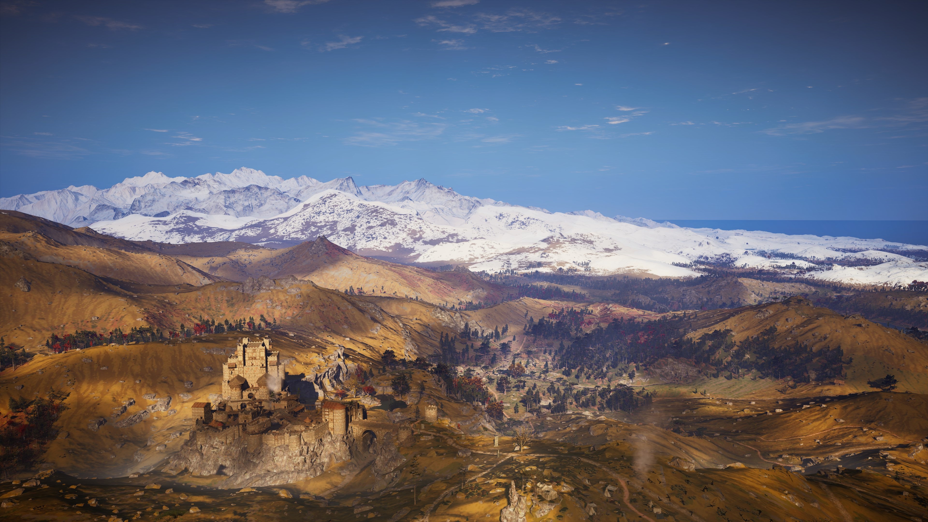 Assassin's Creed Valhalla: Castle and Snow-Capped Mountains HD Wallpaper