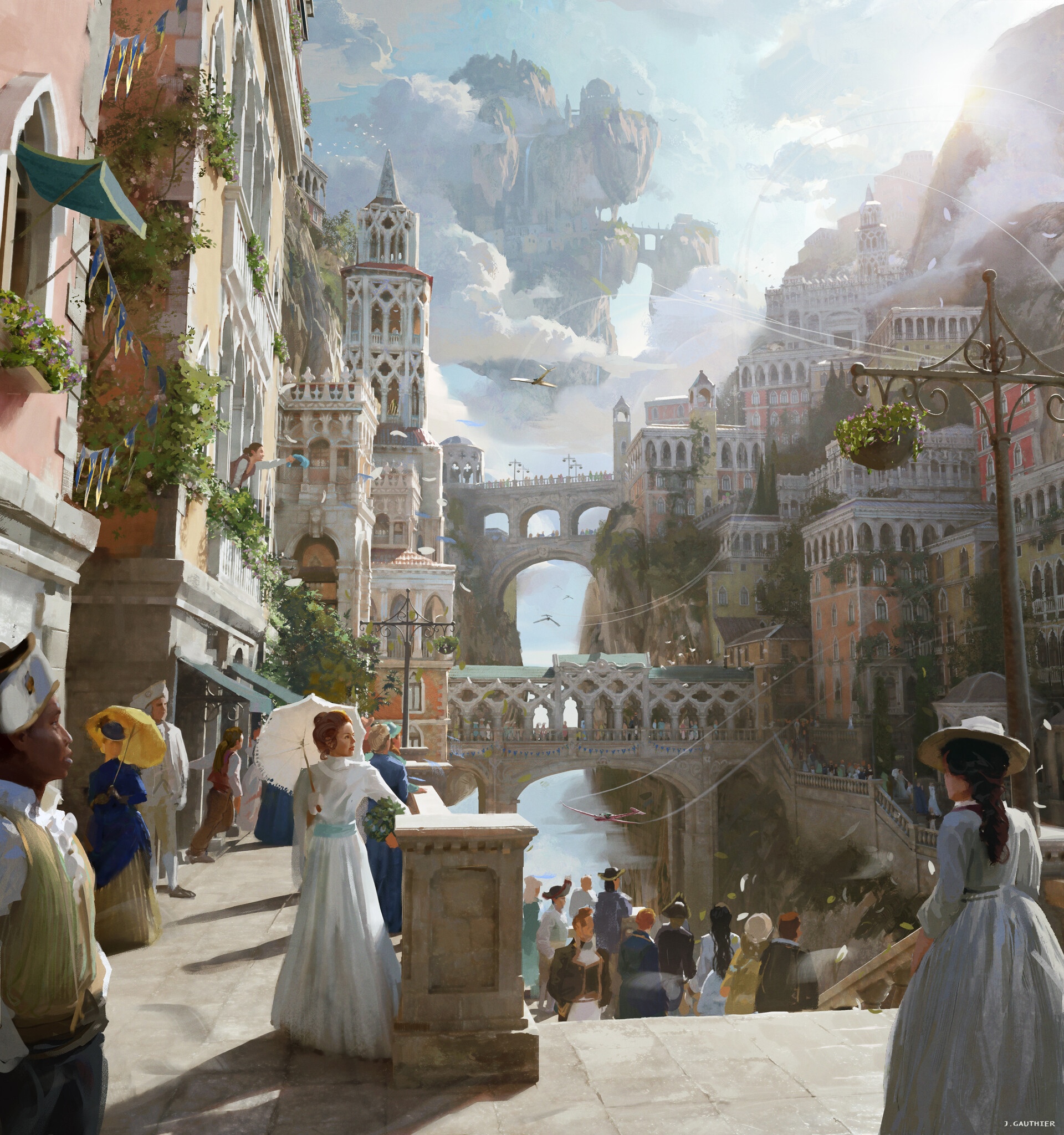 Fantasy Cityscape with Floating Islands and People HD Wallpaper