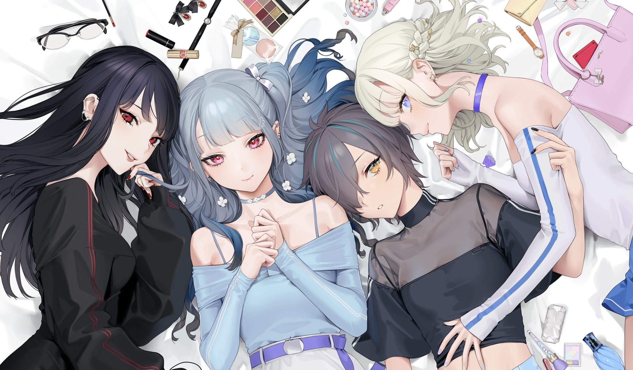 Four anime girls lying on a white surface with makeup HD Wallpaper