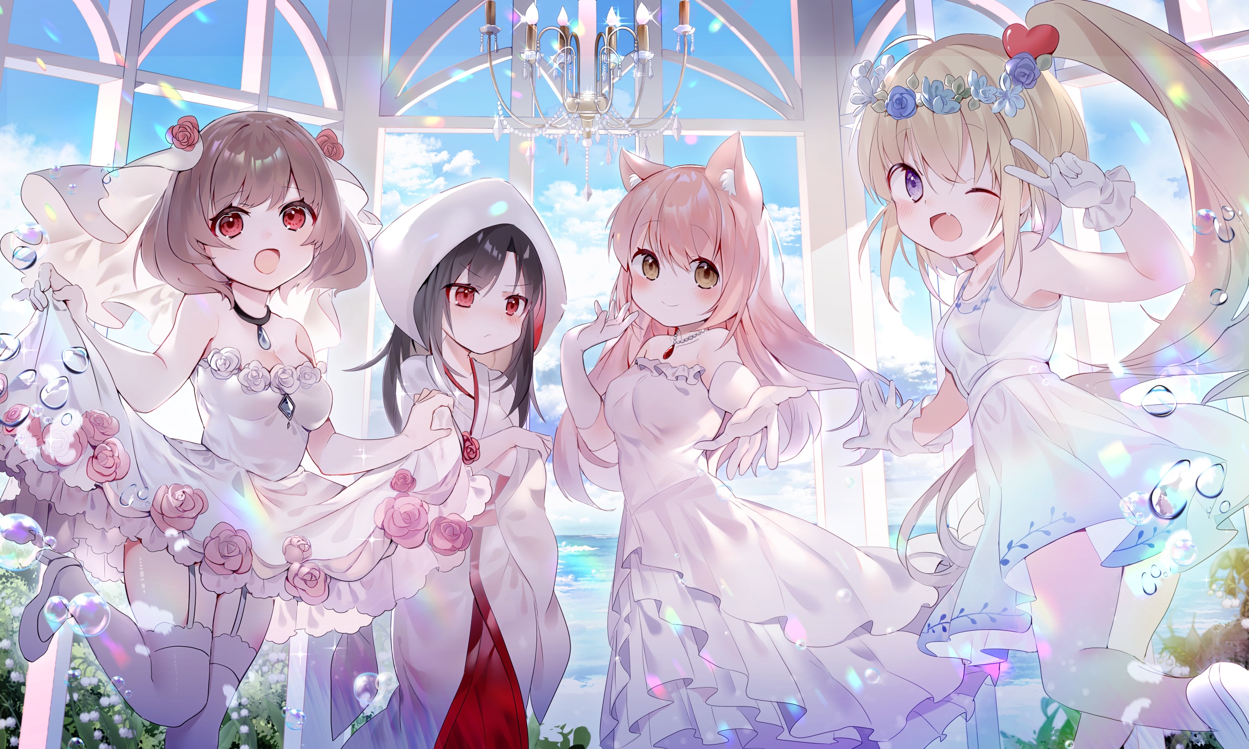 Four anime girls in wedding dresses HD Wallpaper