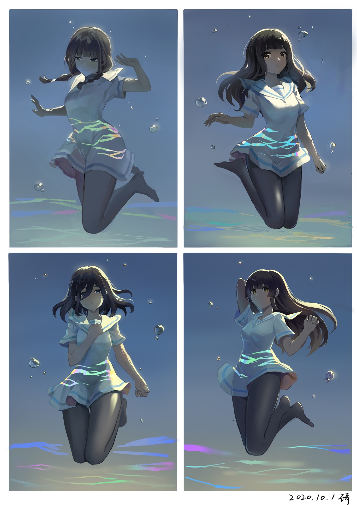 Four anime girls in swimsuits underwater HD Phone Wallpaper