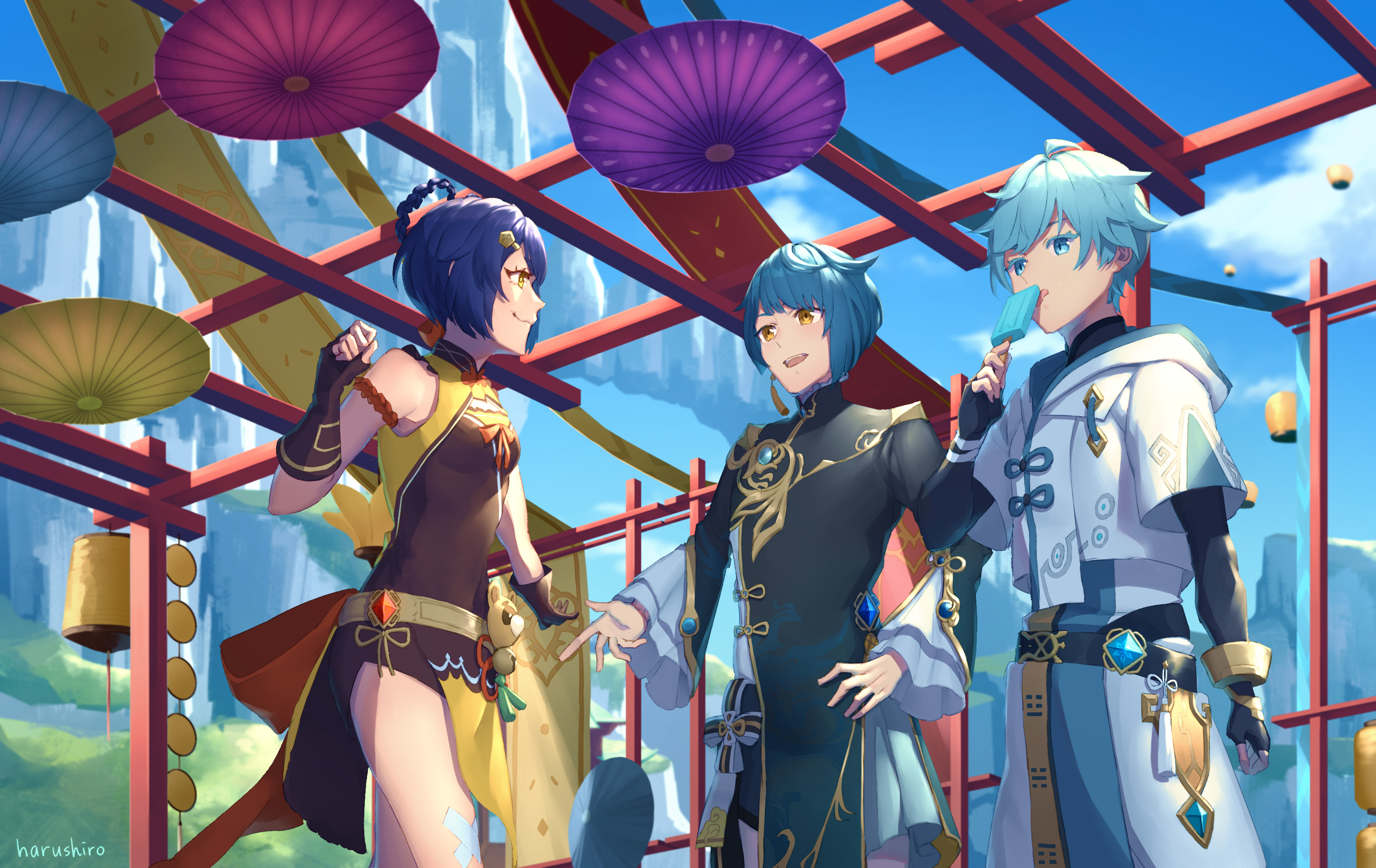 Xiangling, Chongyun, and Xingqiu under umbrellas HD Wallpaper