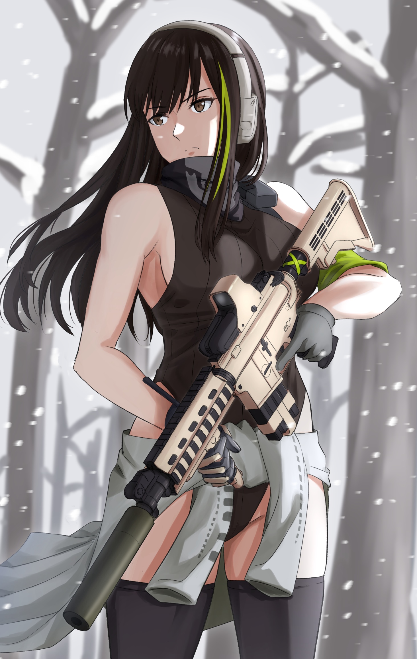 Anime Girl with M4A1 Rifle in Snow HD Phone Wallpaper