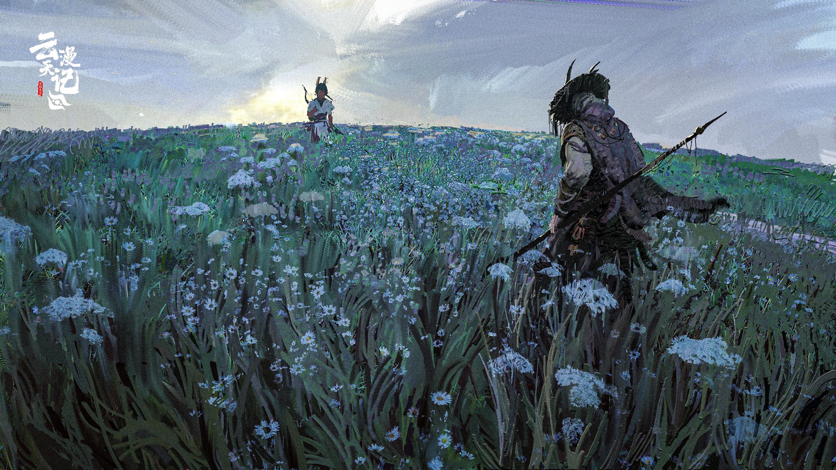 Two figures in a field of flowers HD Wallpaper
