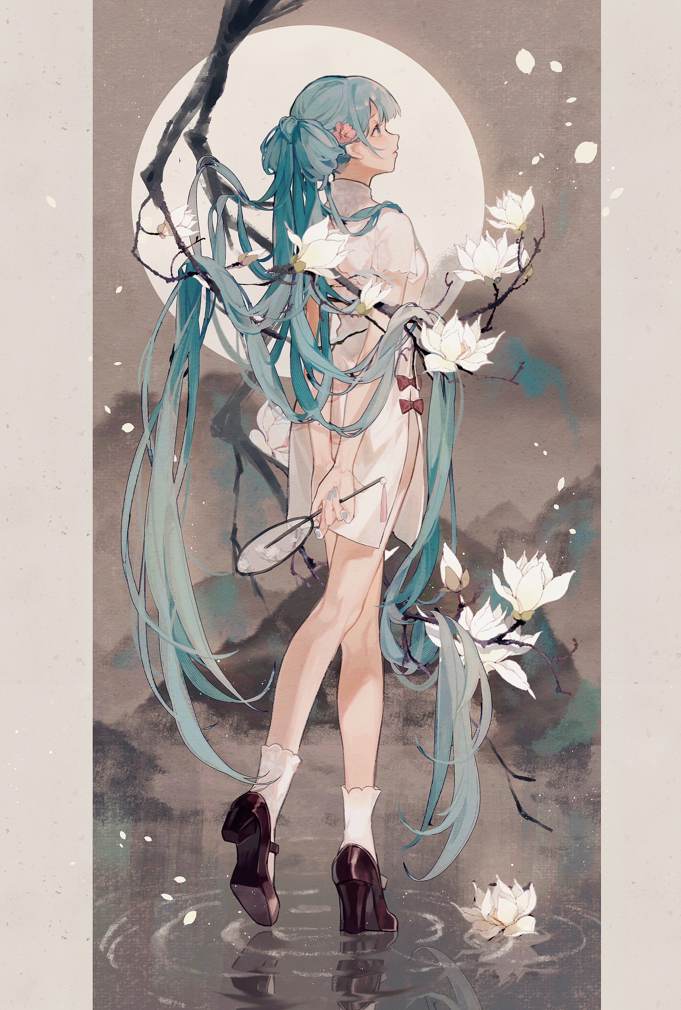 Hatsune Miku in a white dress with white flowers HD Phone Wallpaper
