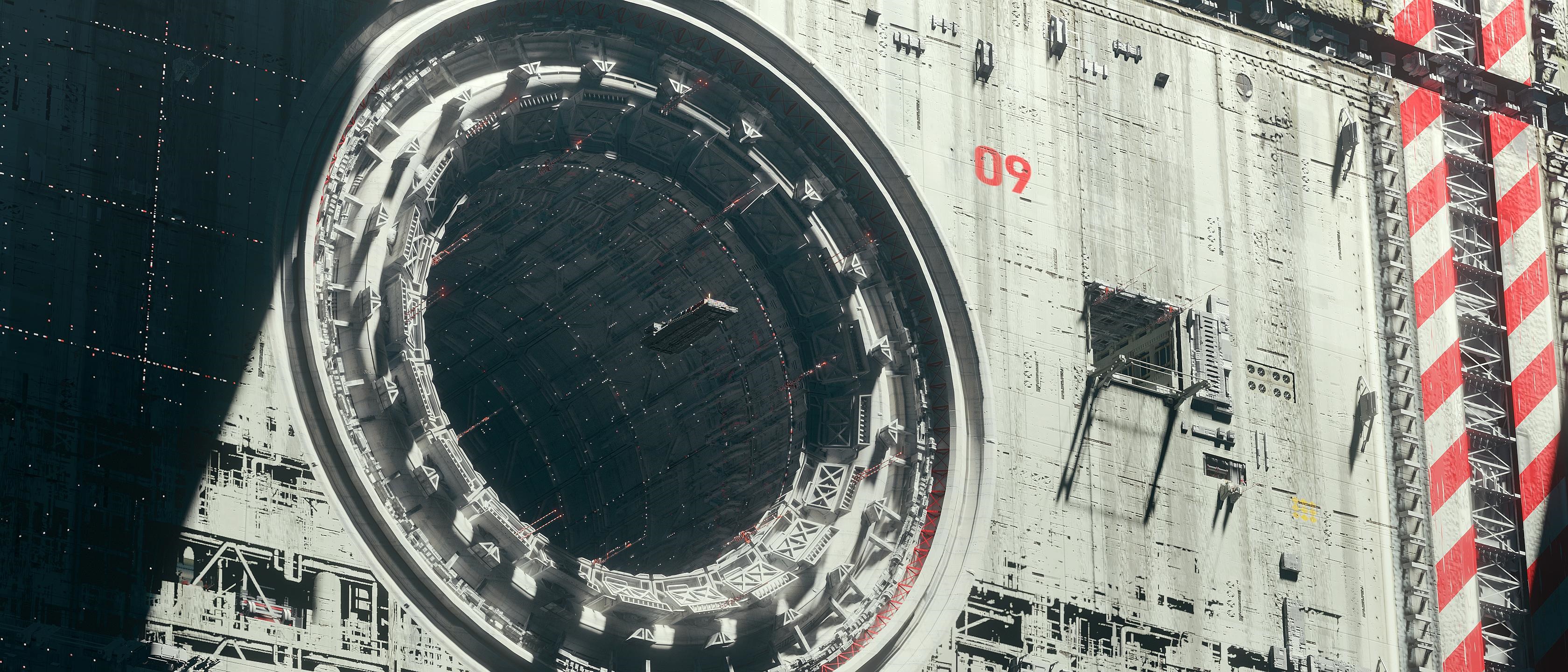 Science fiction space station with a large circular opening HD Wallpaper