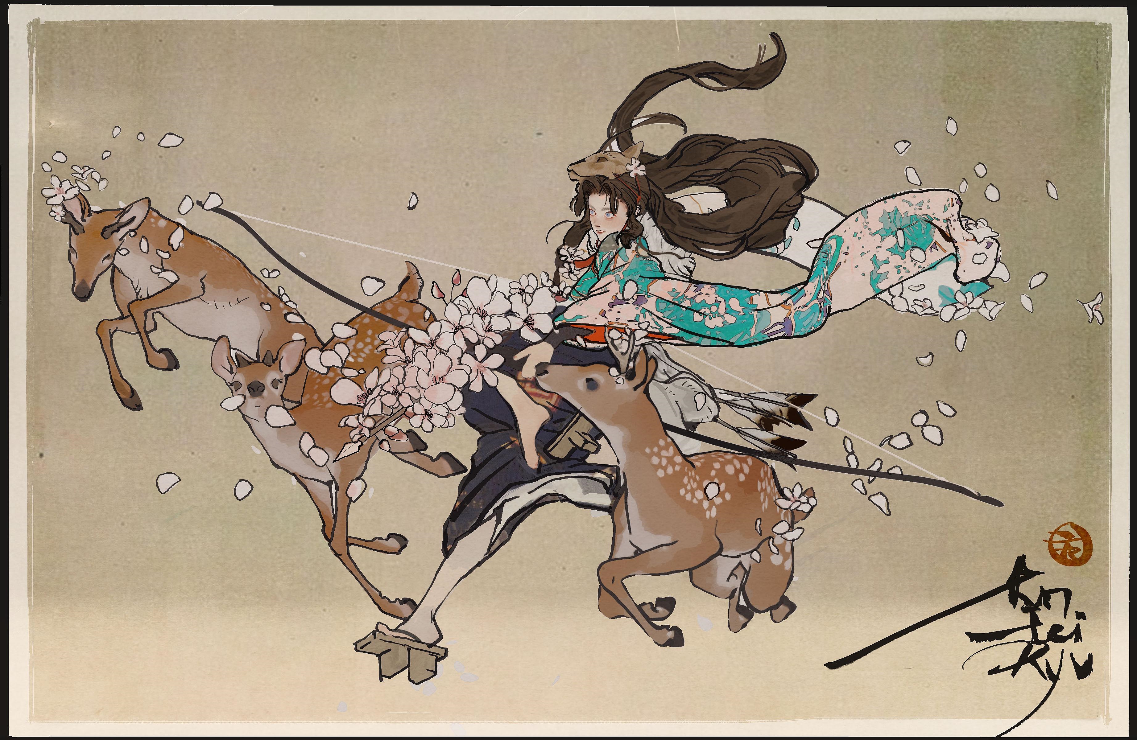 Girl with deer and cherry blossoms HD Wallpaper