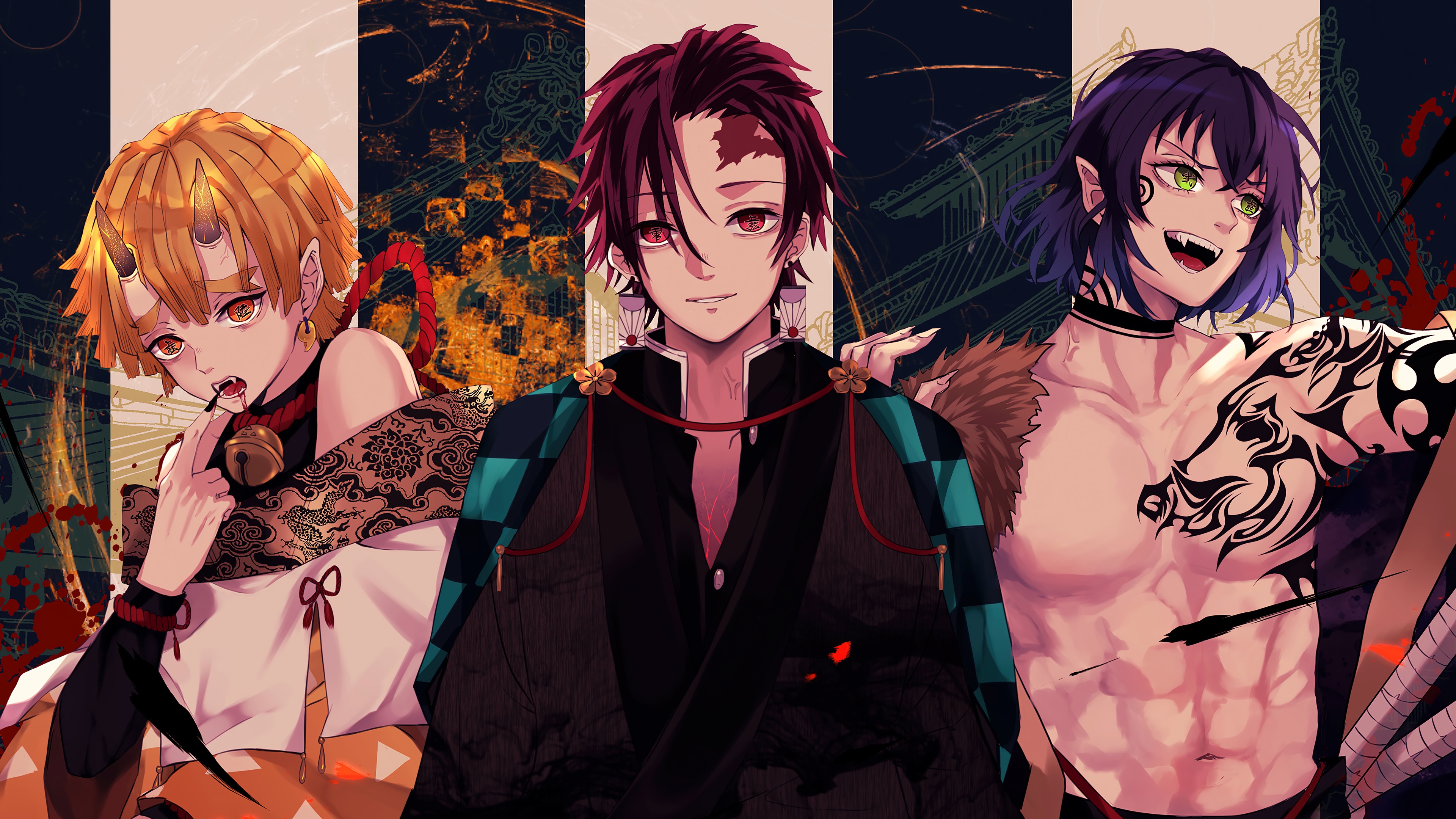 4K Kimetsu no Yaiba: Zenitsu, Tanjiro, and Inosuke HD Wallpaper