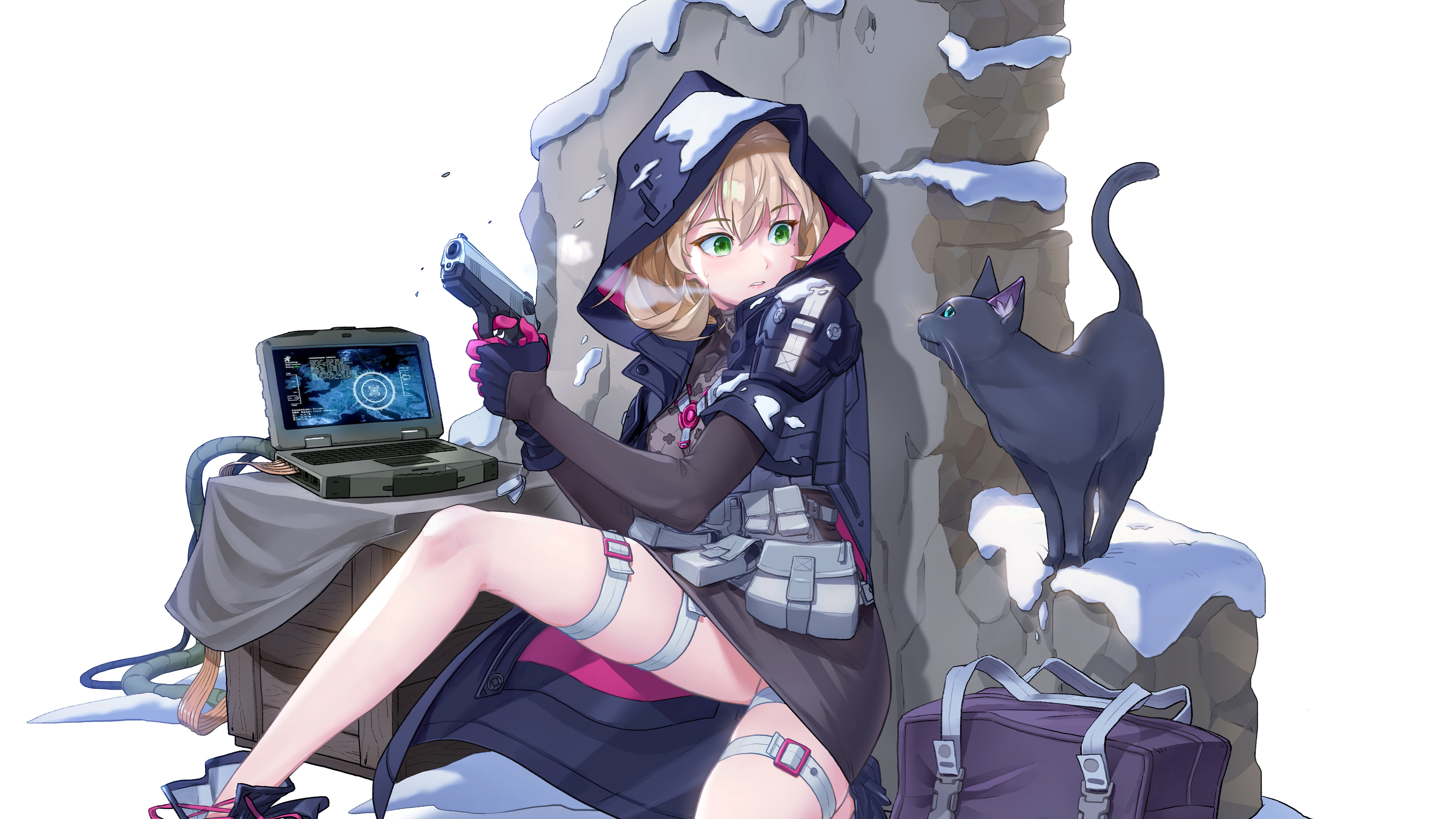 Anime girl with gun and cat in snow HD Wallpaper