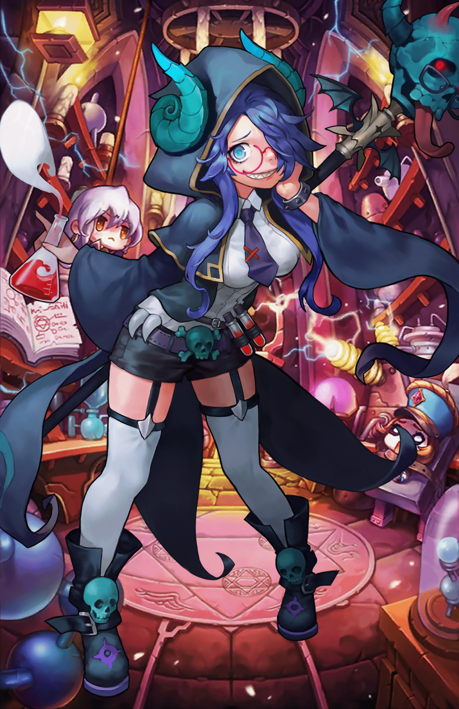 Gremory with Blue Hair and Horns in a Laboratory HD Phone Wallpaper