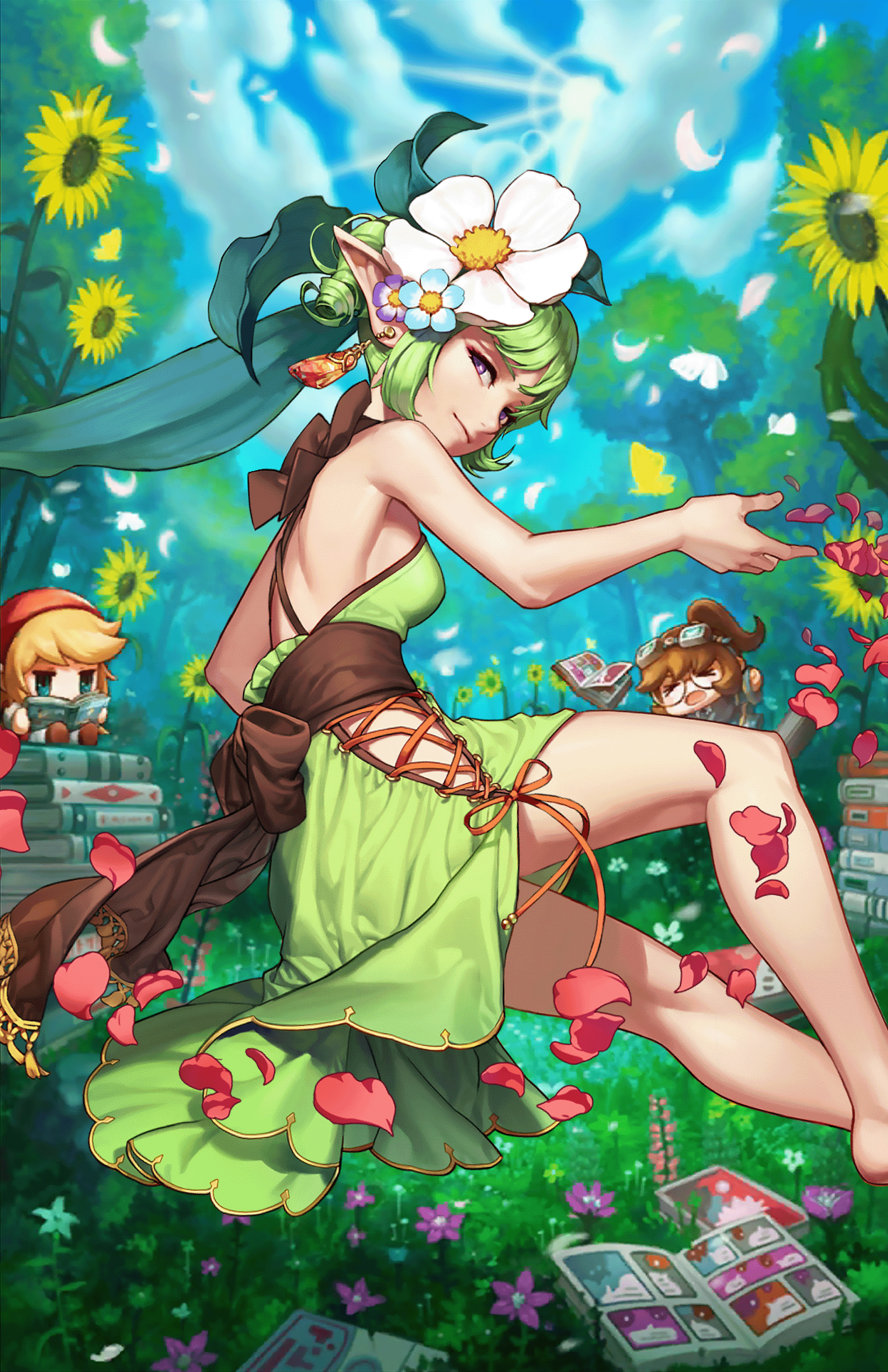 Guardian Tales Aoba in a green dress with flowers HD Phone Wallpaper