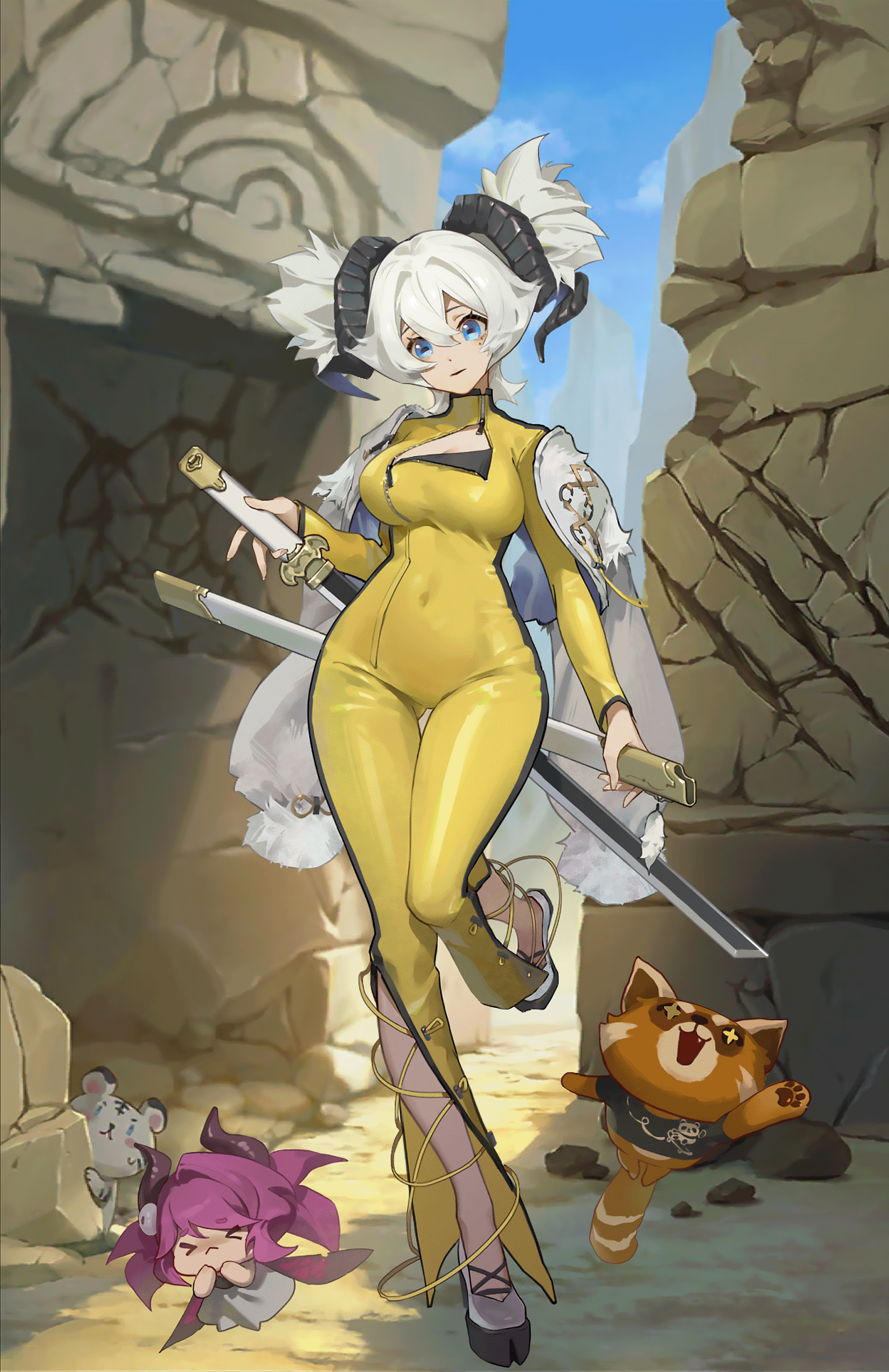 Rey from Guardian Tales with Katana and Companions HD Phone Wallpaper