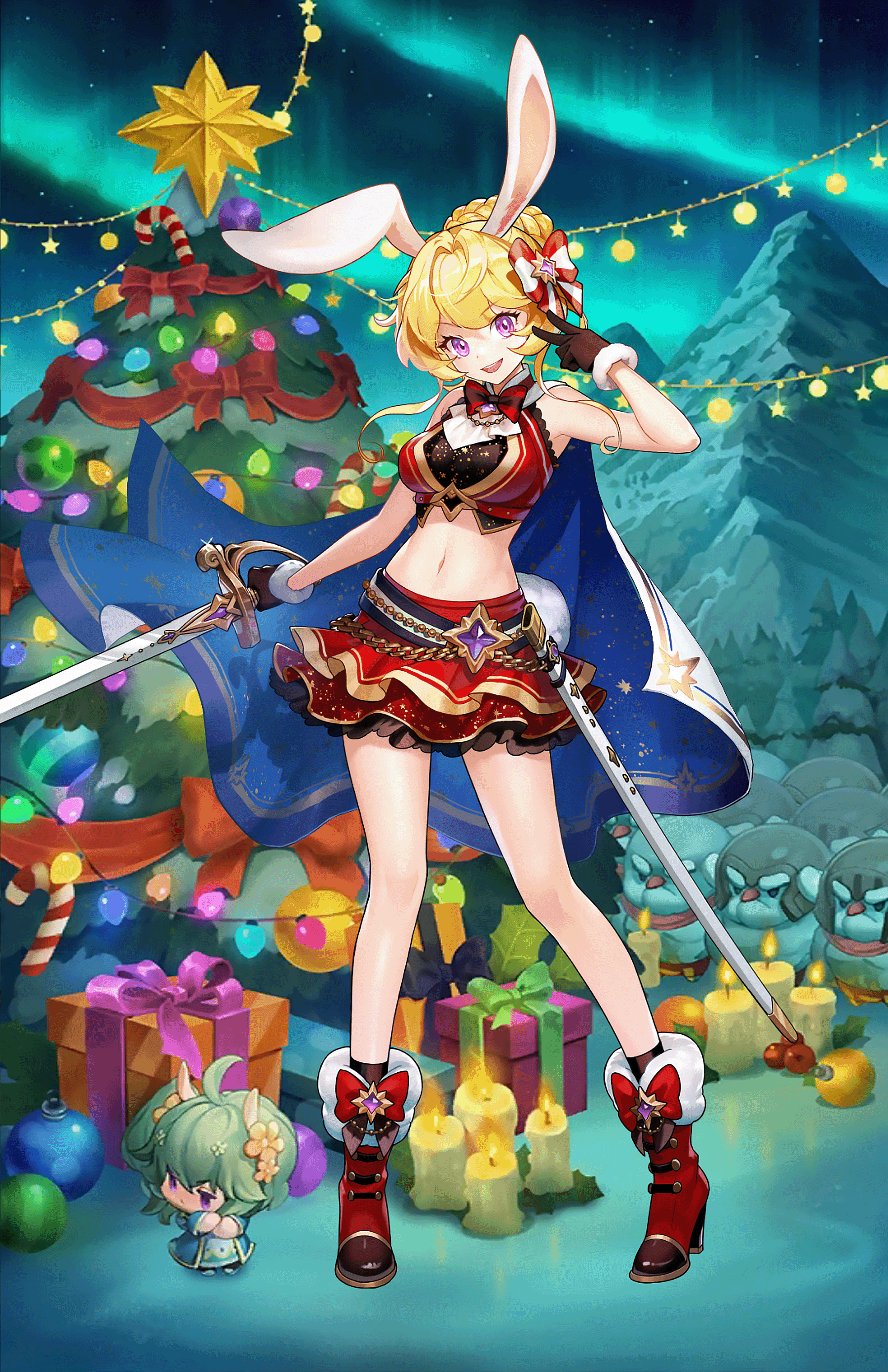 Carol from Guardian Tales with bunny ears and swords HD Phone Wallpaper
