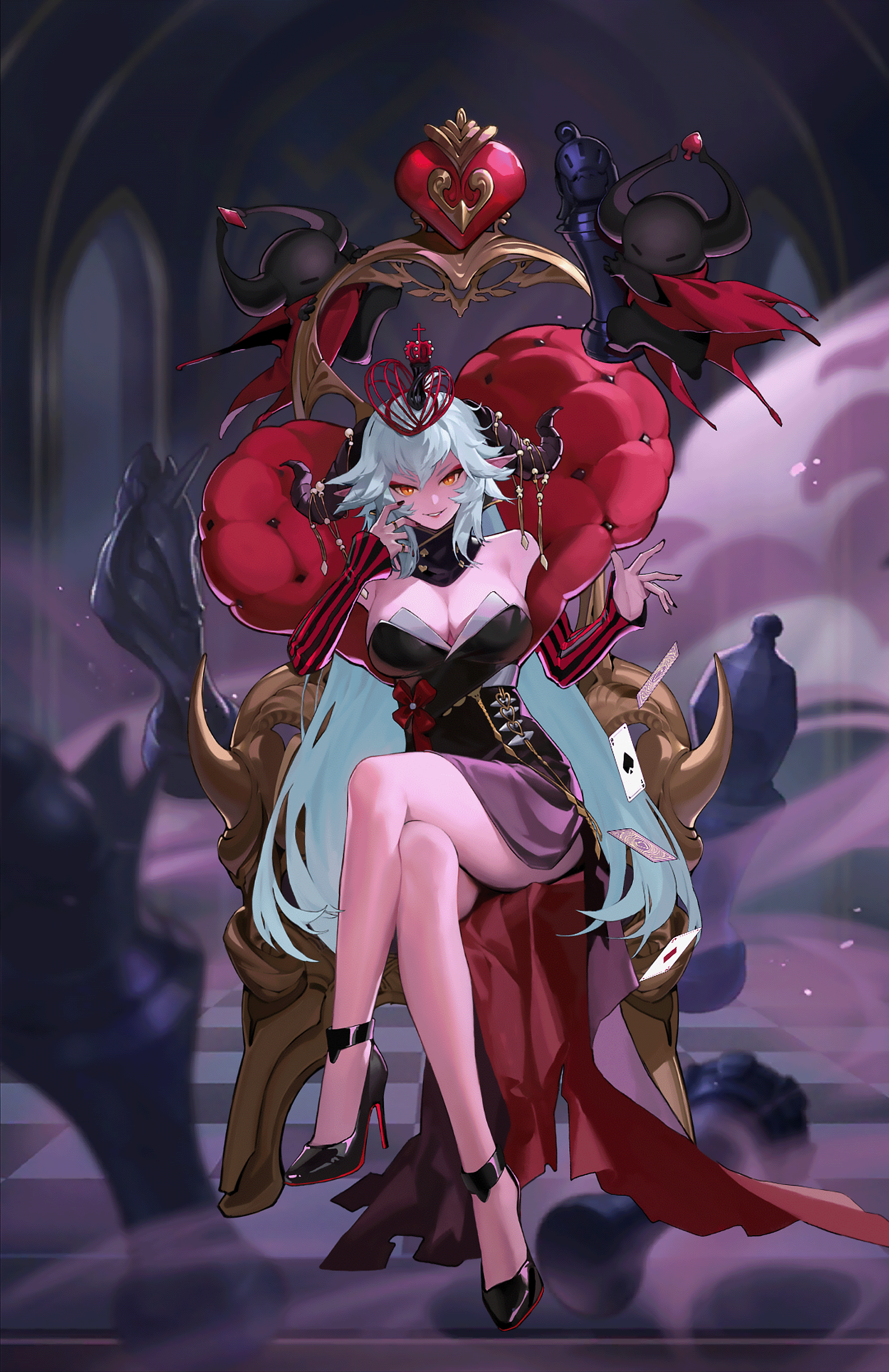 Demon Queen Lilith on a throne with playing cards HD Phone Wallpaper