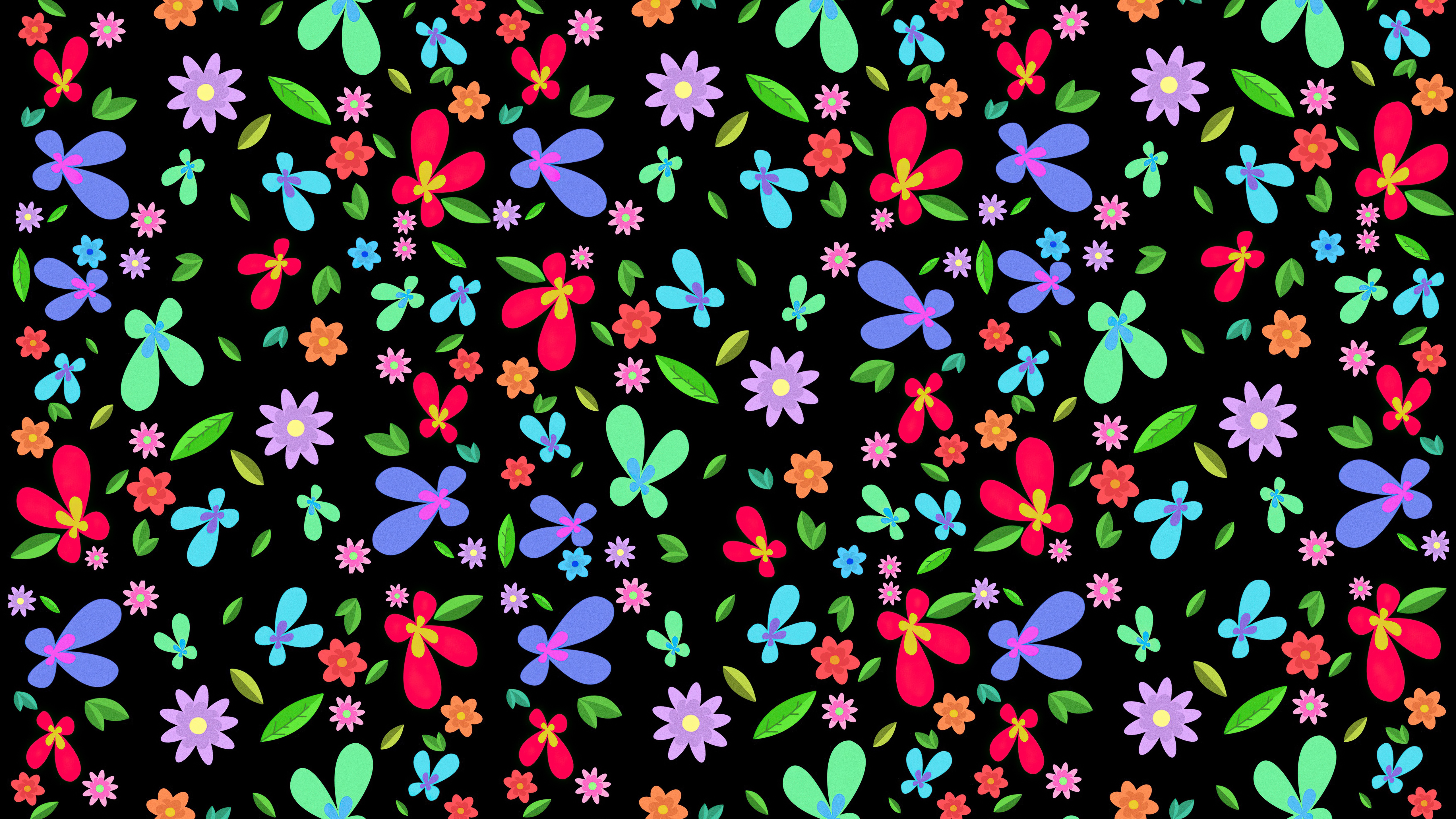 Colorful flowers and leaves pattern on black HD Wallpaper