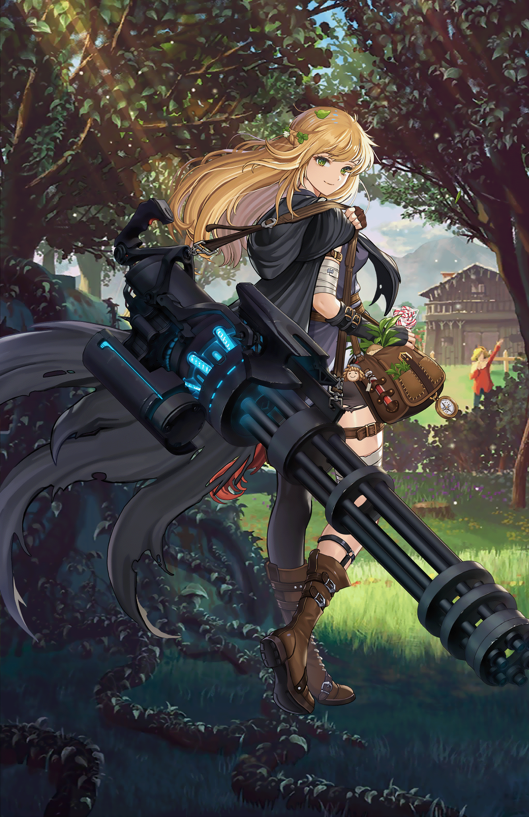 Guardian Tales: Future Knight with Gatling Gun in Forest HD Phone Wallpaper
