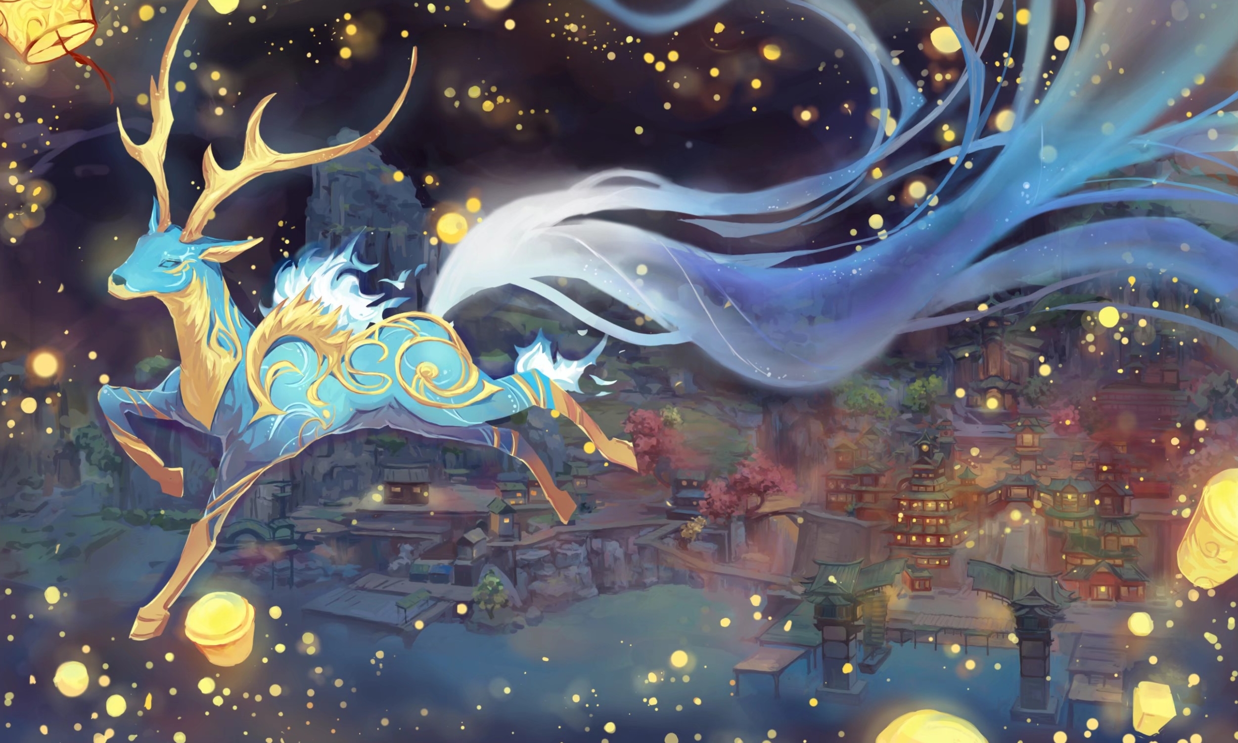 Genshin Impact: Blue Deer with Lanterns HD Wallpaper